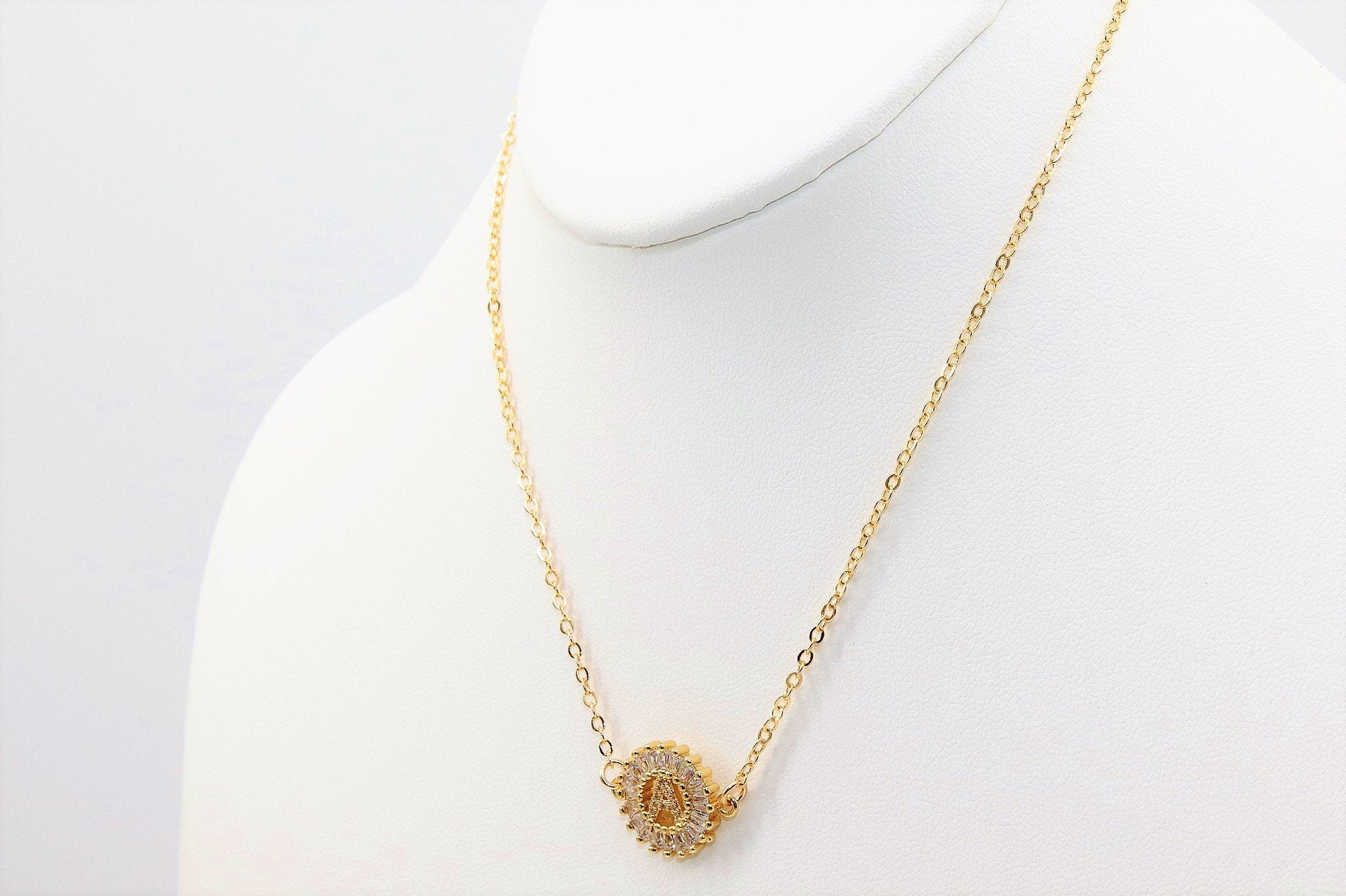 14 K Gold Initial Chain Necklace, Cubic Zirconia Baguette Round Disc Letters in Choker or Bolo Bracelet, Personalized Alphabet