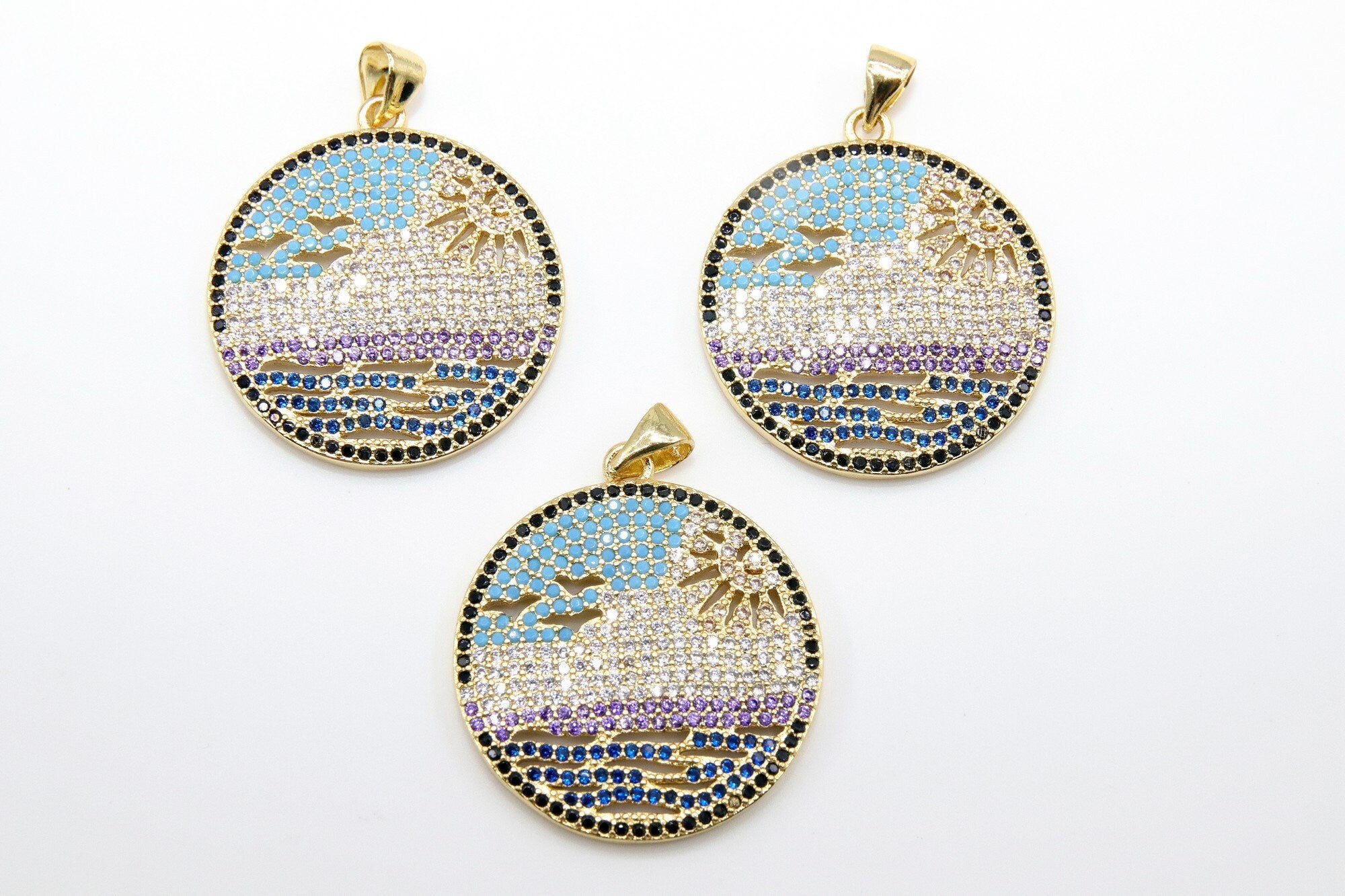 CZ Micro Pave Beach Scene Pendant, Gold Tropical Ocean Waves #878, Birds