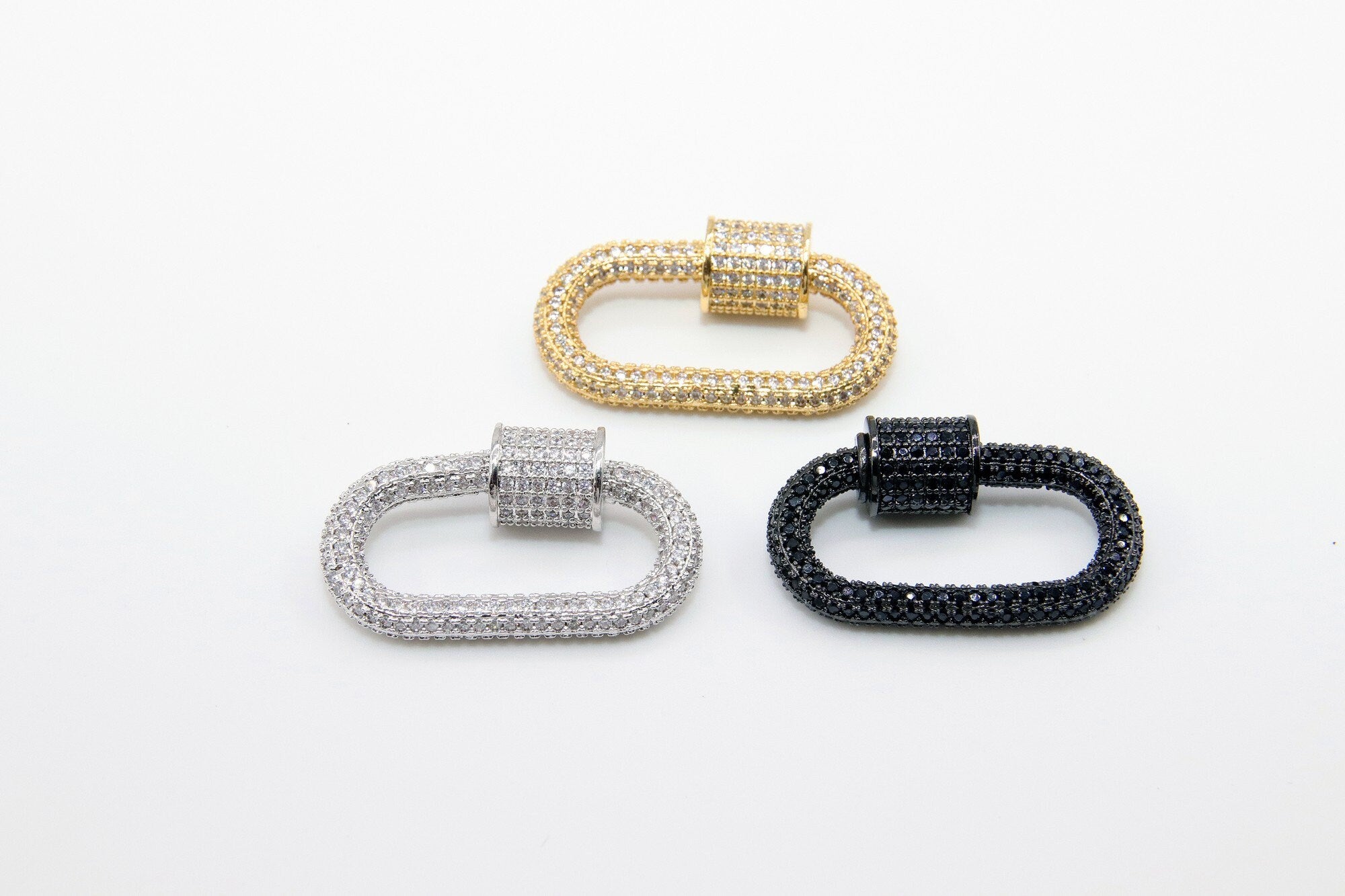 CZ Micro Pave Oval Screw Clasps, Large Connector Carabiner Silver, Black