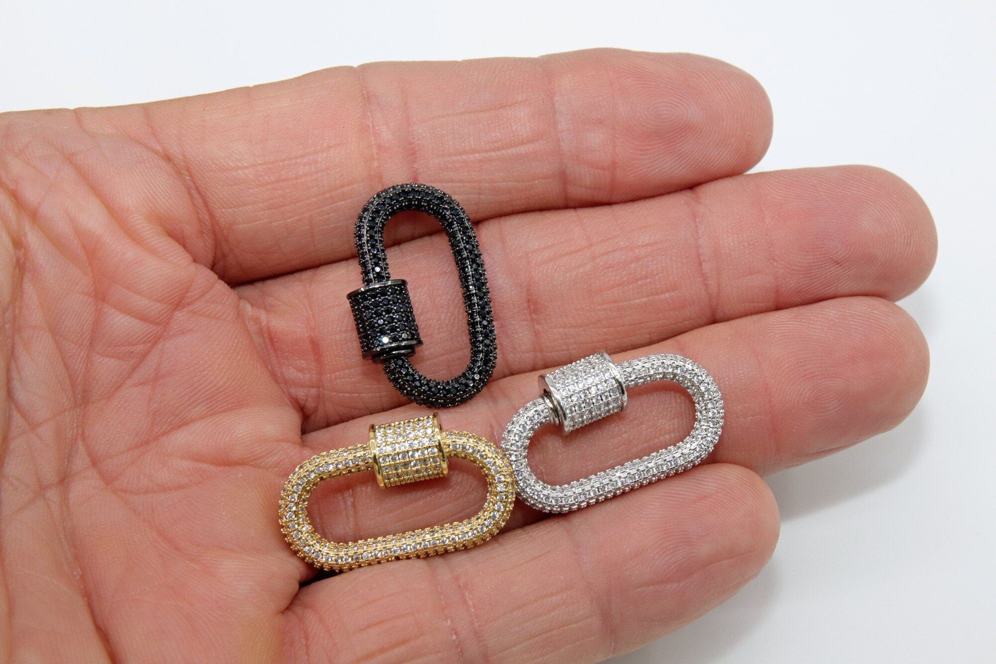 CZ Micro Pave Oval Screw Clasps, Large Connector Carabiner Silver, Black