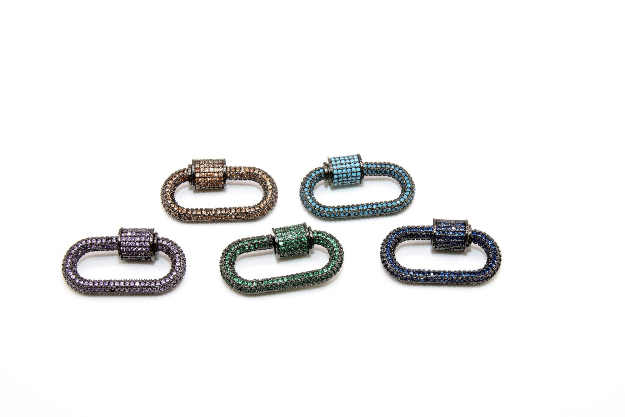 CZ Micro Pave Oval Screw Clasps, U Shape Carabiner Black, Rainbow