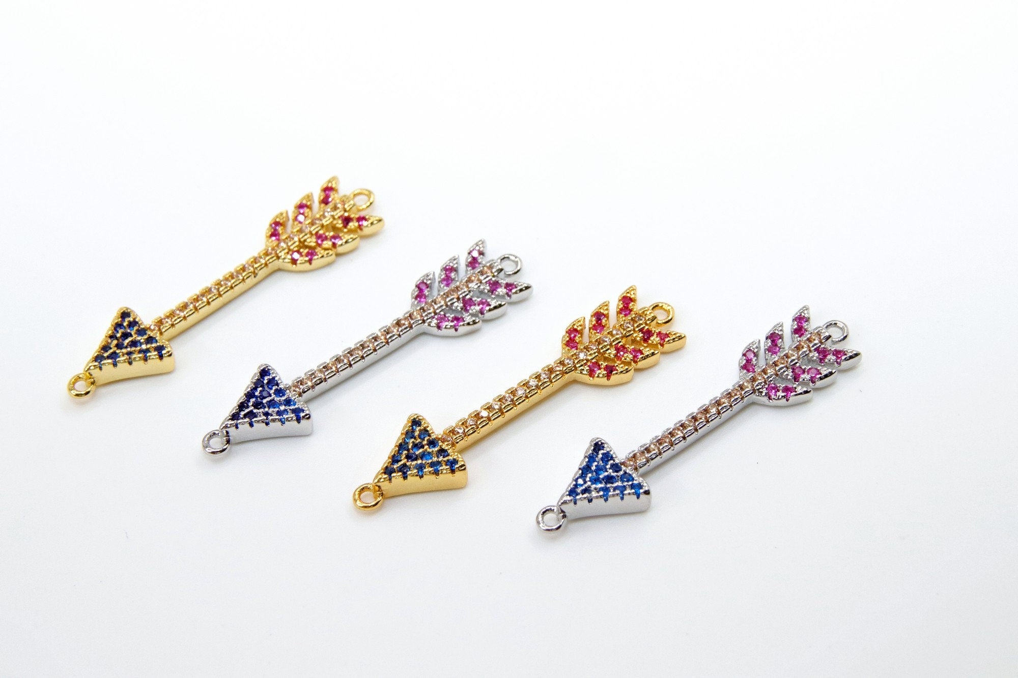 CZ Micro Pave Arrow Connectors, Gold, Silver Arrowhead Rainbow Cubic Zirconia