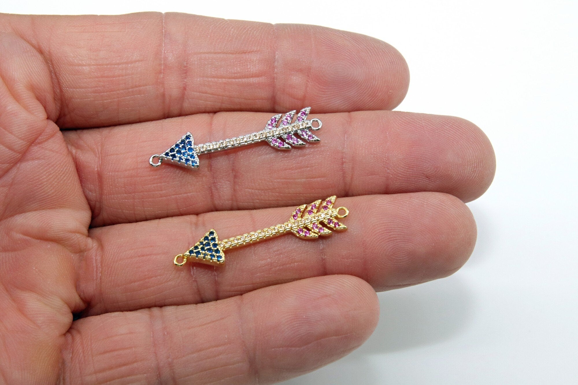 CZ Micro Pave Arrow Connectors, Gold, Silver Arrowhead Rainbow Cubic Zirconia