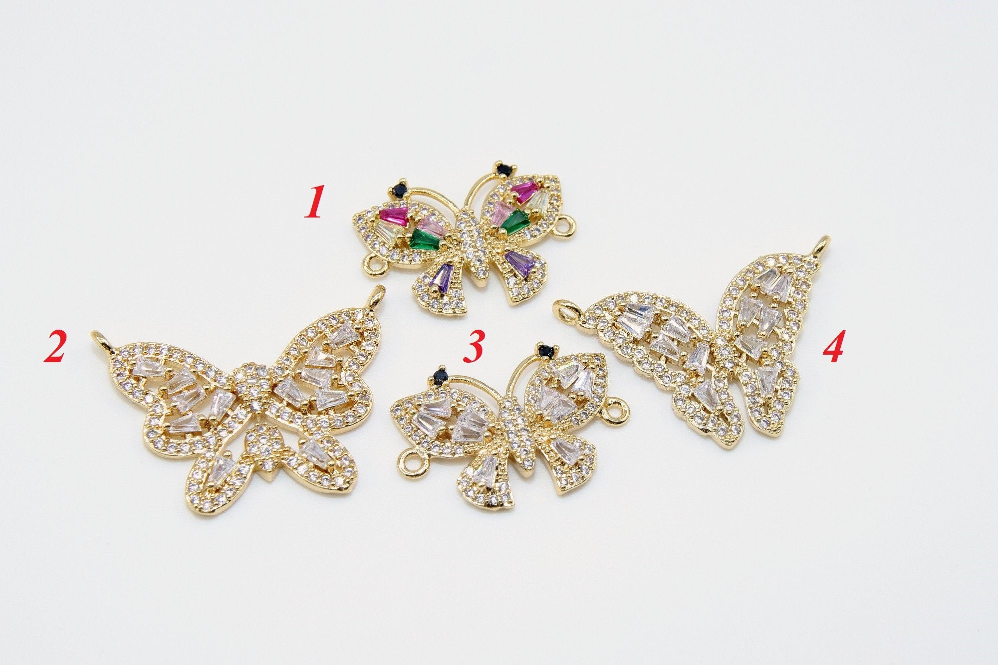 CZ Micro Pave Butterfly Connectors, Clear and Rainbow Baguette Pave Double Loop Pendants, Gold Butterflies Charm Links Bracelets