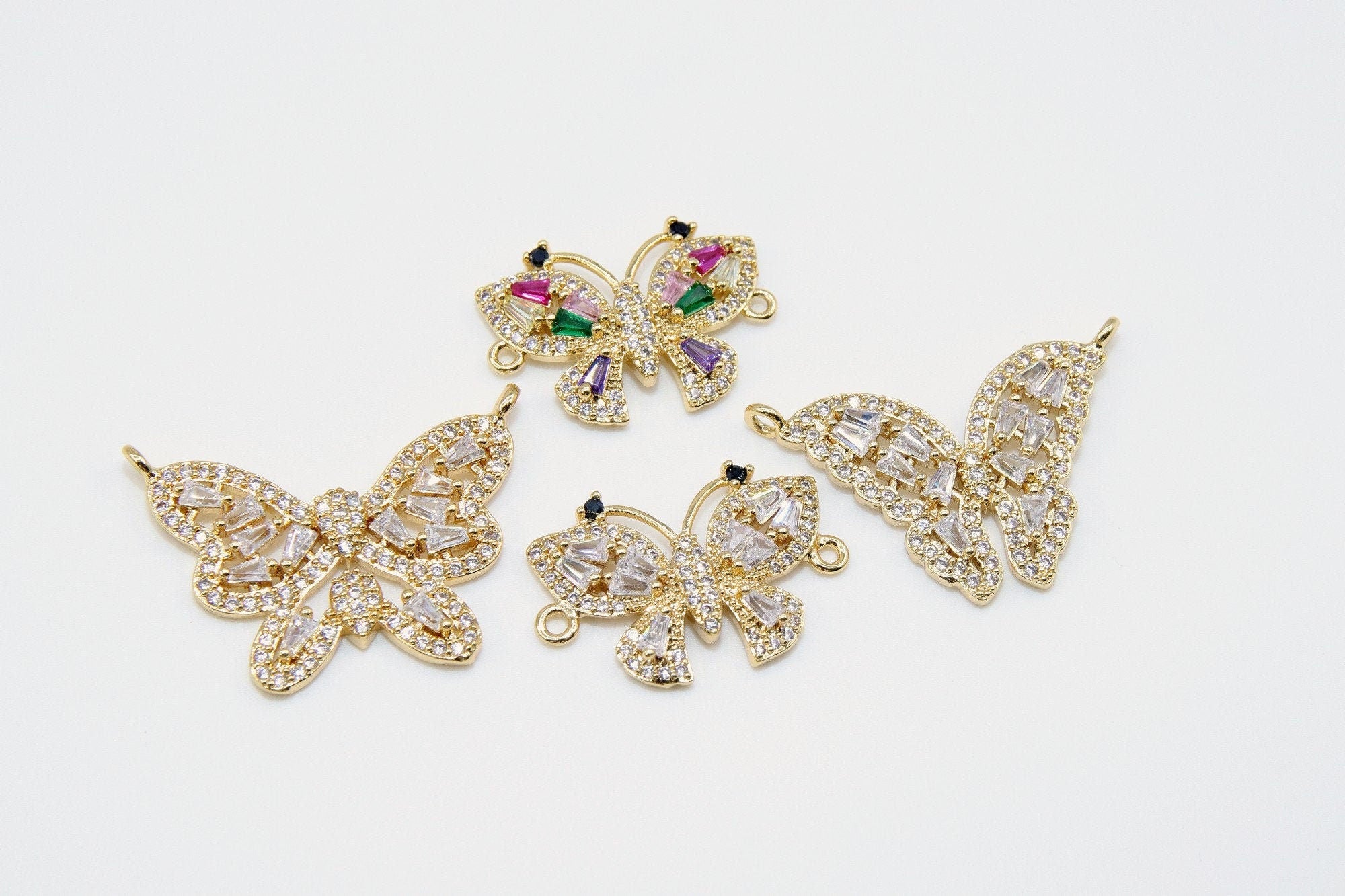 CZ Micro Pave Butterfly Connectors, Clear and Rainbow Baguette Pave Double Loop Pendants, Gold Butterflies Charm Links Bracelets