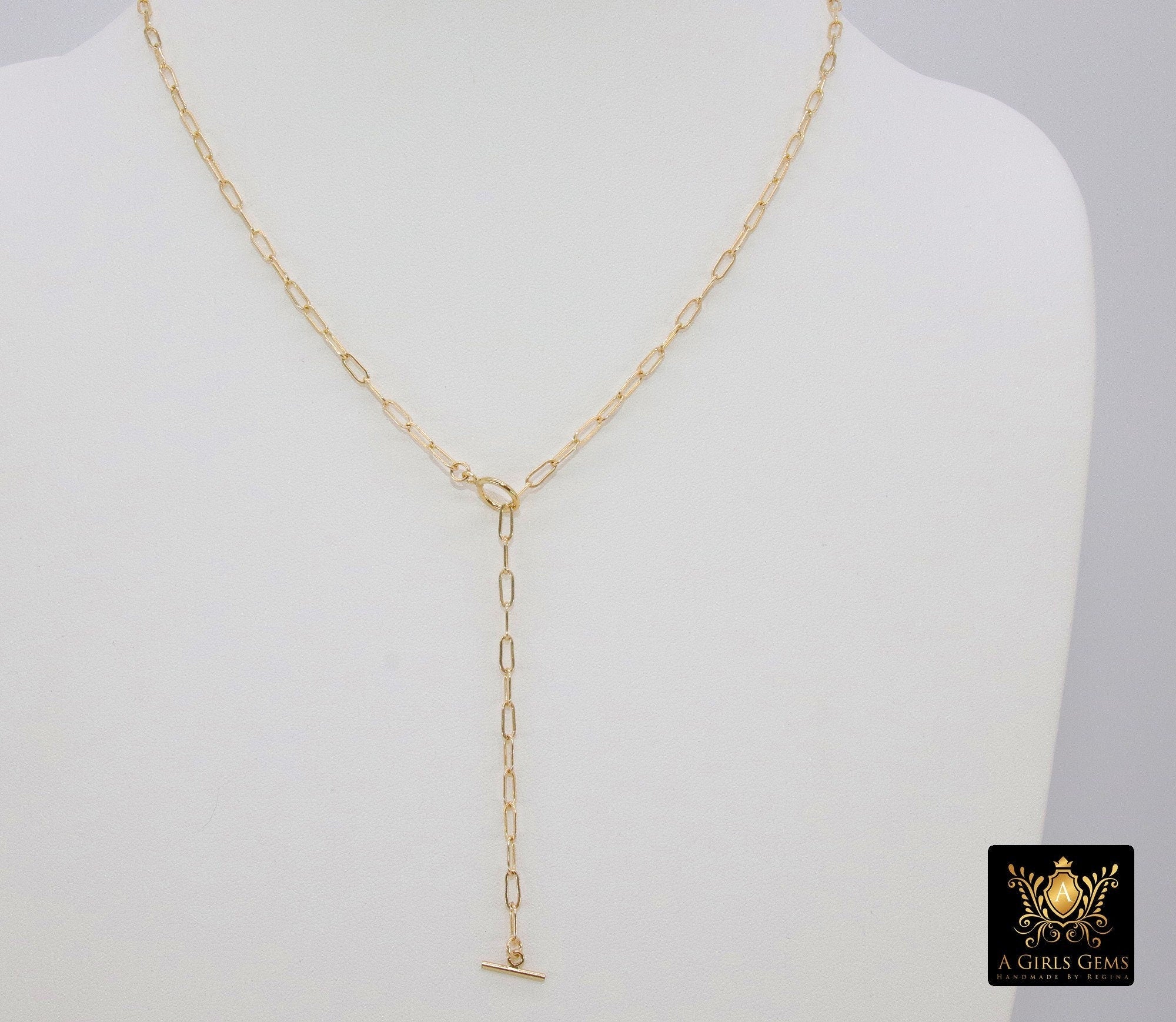 14 K Gold Toggle Double Wrap Necklace, Large Rectangle Drawn Chain with Lobster Clasp, Toggle