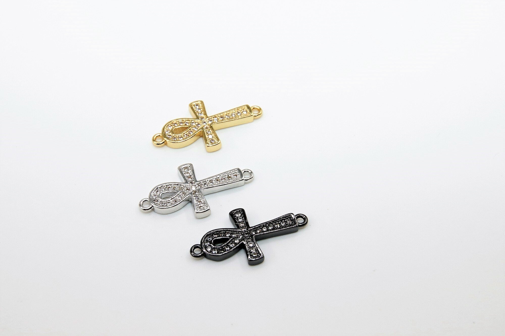 CZ Micro Pave Cross Connector, Gold or Silver Black Egyptian Ankh Crux #890, Ansata Coptic Cross for Bracelet or Necklace