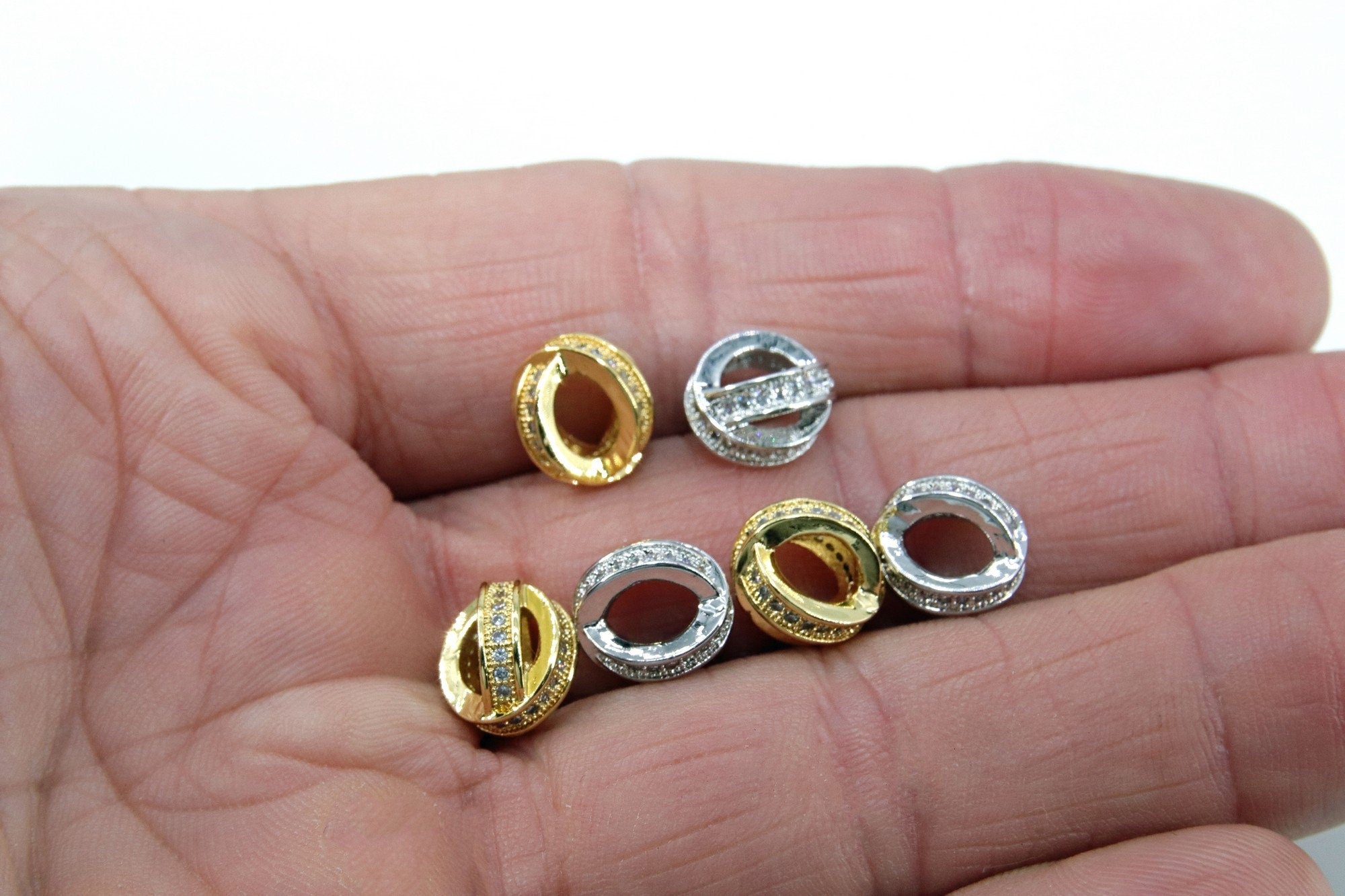 CZ Micro Pave Round Balls, Gold Beads Spacer Focal Beads, Silver Lariat Hollow Crystal Balls #899