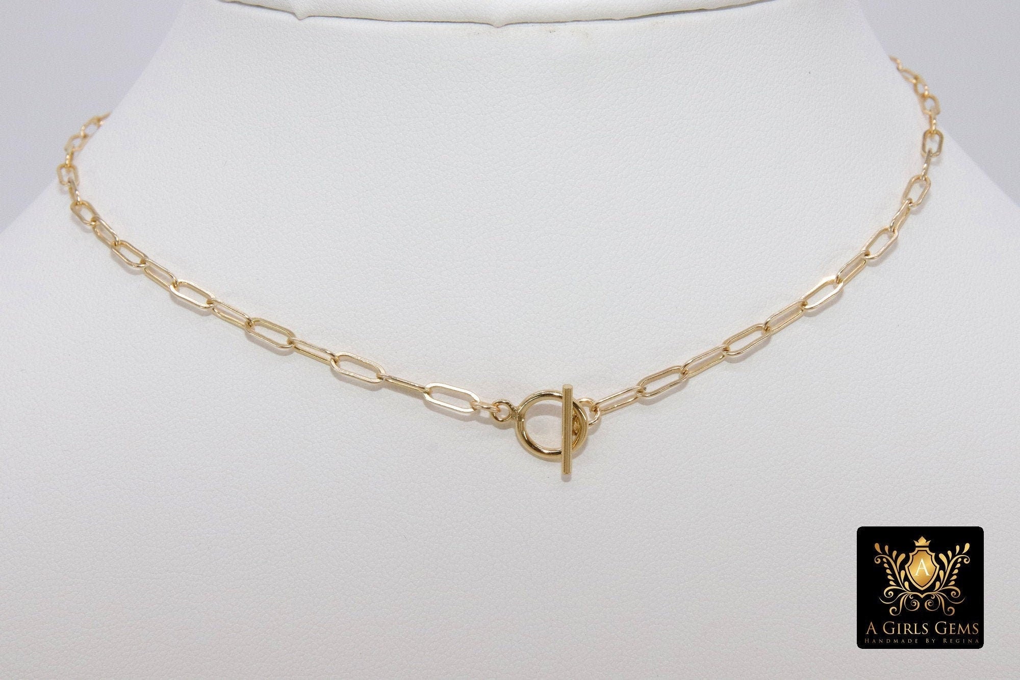 14 K Gold Toggle Double Wrap Necklace, Large Rectangle Drawn Chain with Lobster Clasp, Toggle