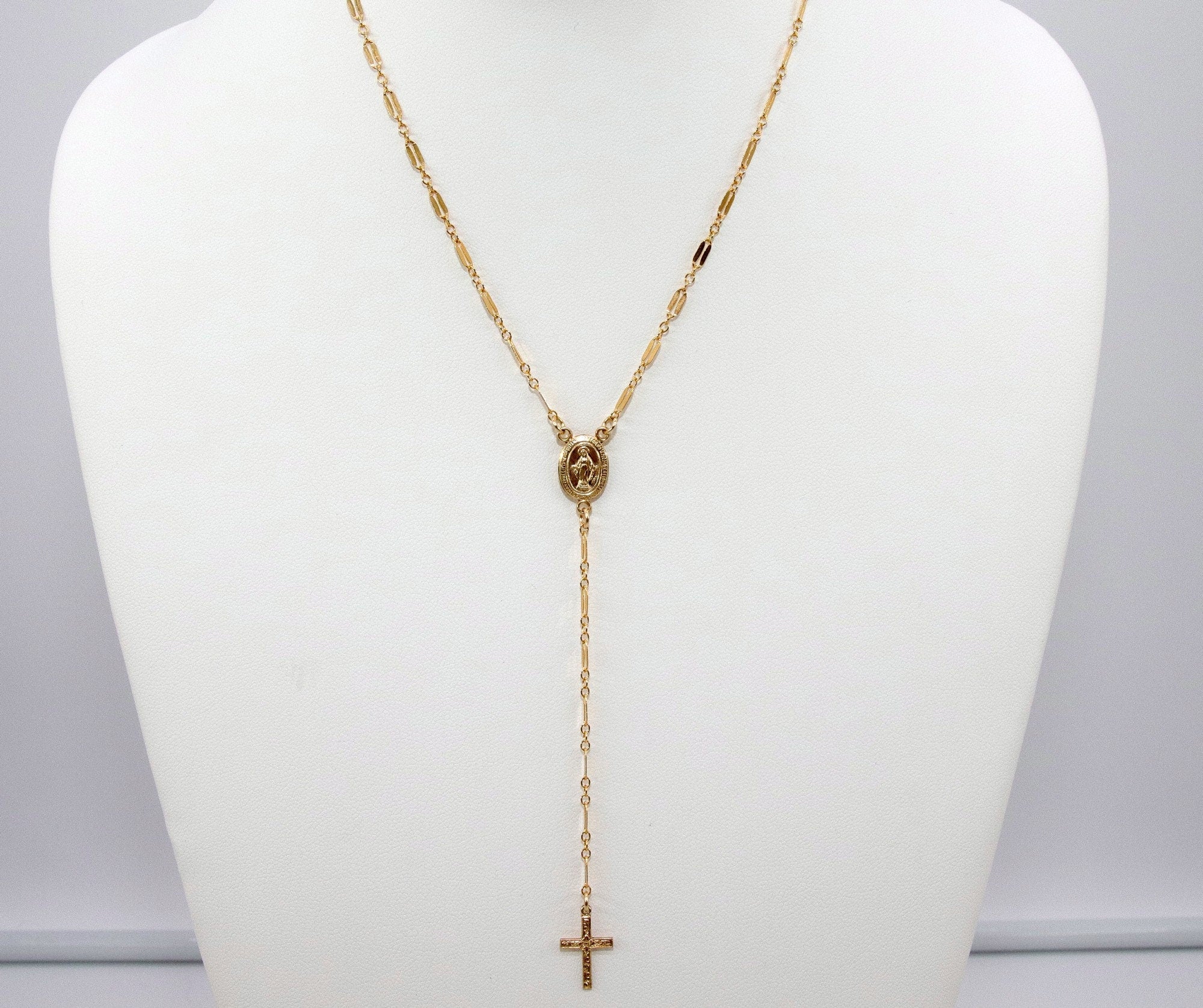 14 K Gold Cross Rosary Necklace, Virgin Mary Rosary Sequin Chain Necklace, Religious Dainty Medallion