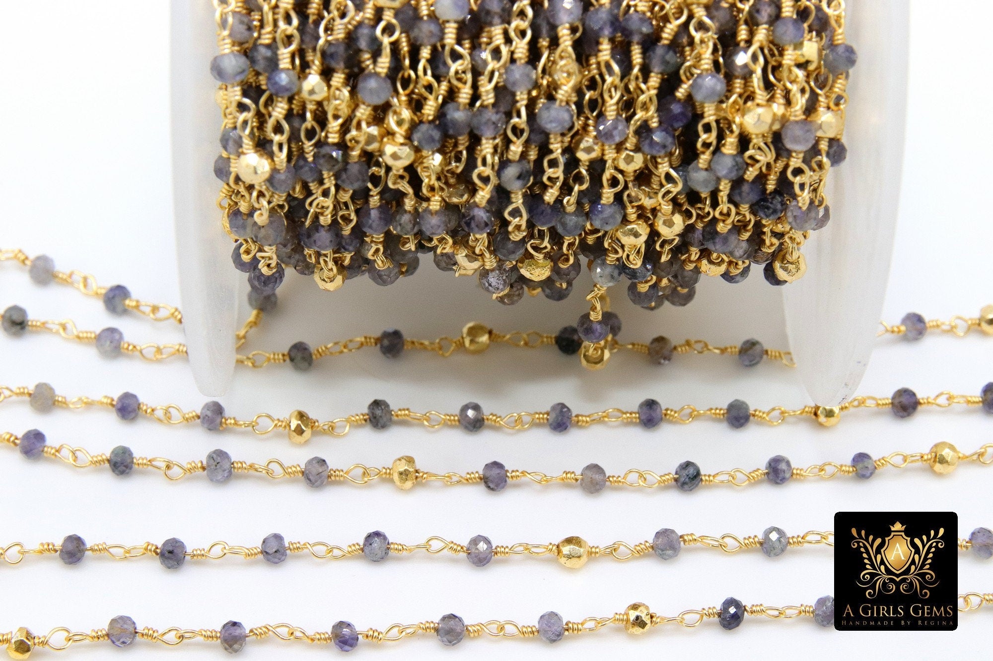 22k Gold Plated Iolite Rosary Chain, Pyrite 4 mm Chains for Jewelry Making, Wire Wrapped Water Sapphire Beads Unfinished