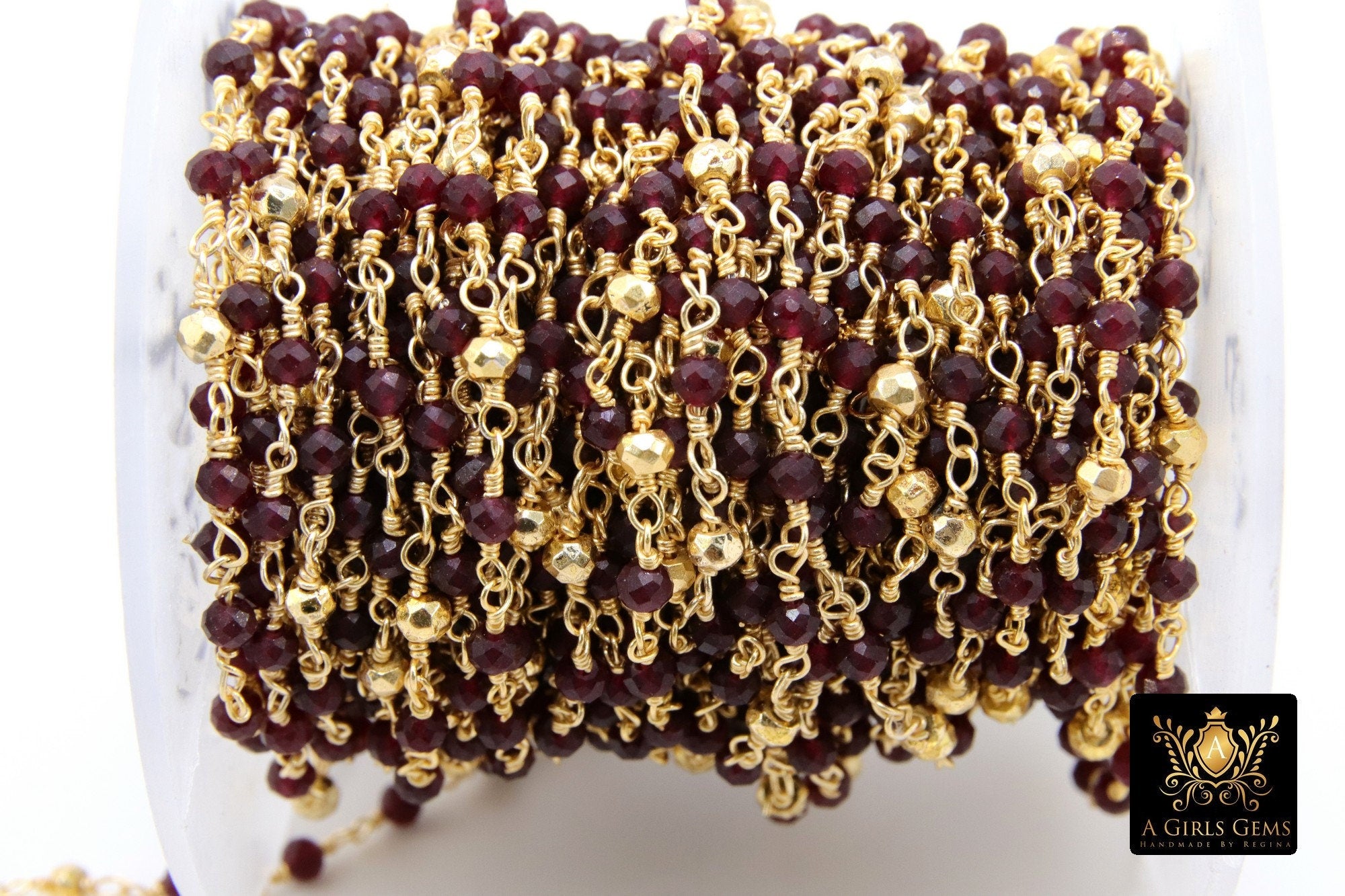22 k Gold Ruby Rosary Chain, 4 mm Gold Pyrite Chain CH #449, Beaded Wire Wrap