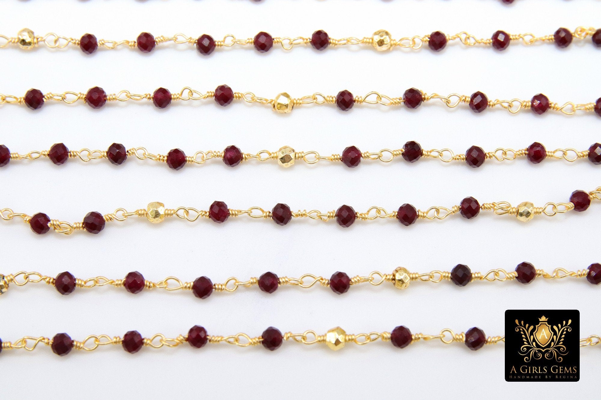 22 k Gold Ruby Rosary Chain, 4 mm Gold Pyrite Chain CH #449, Beaded Wire Wrap