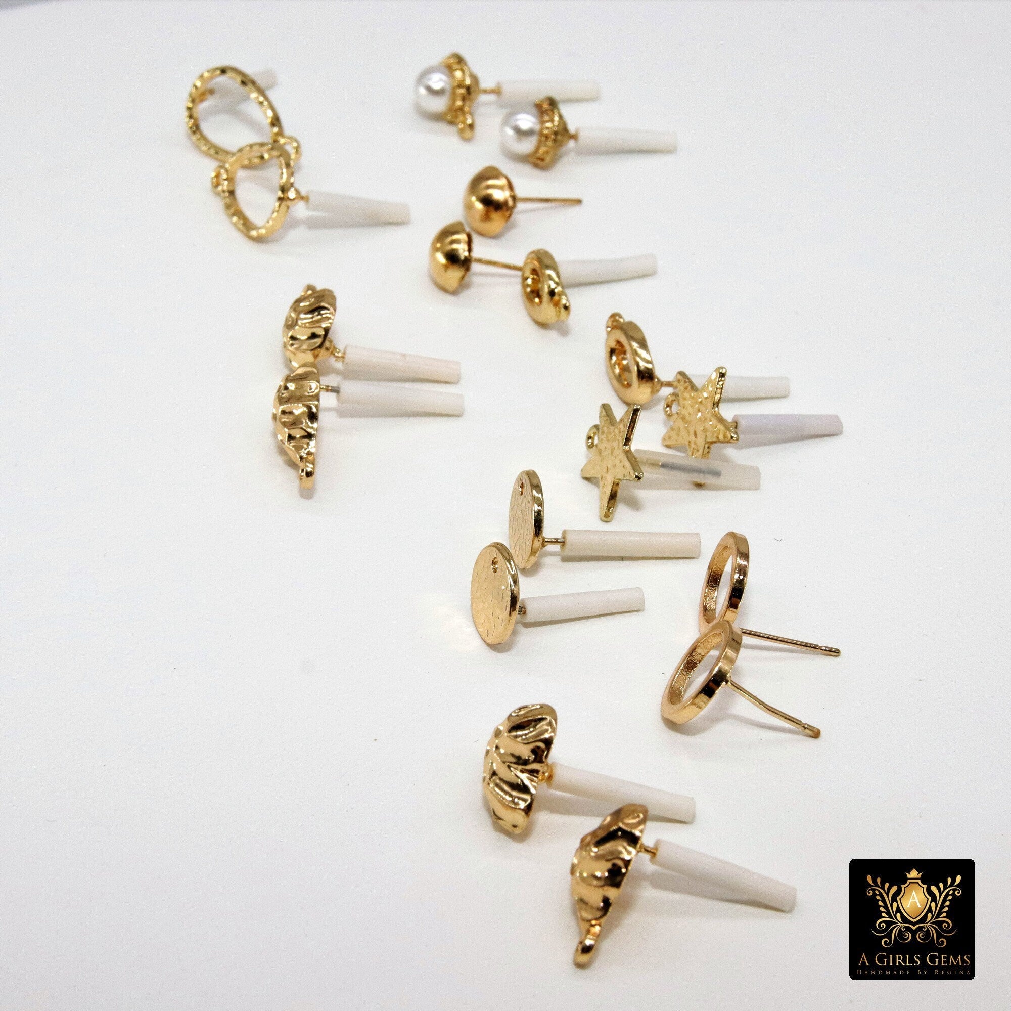 Post Stud Earring Findings, 4 Pc Gold Plated Round, Hearts