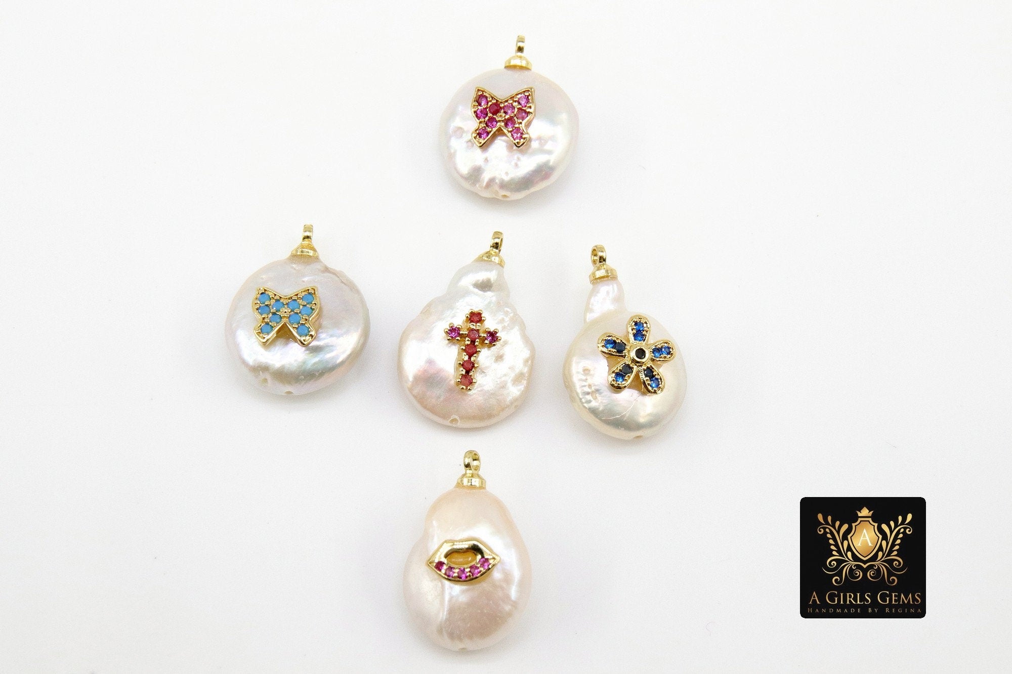 CZ Micro Pave Pearl Charms, AG 931, Freshwater Pearls with Cross