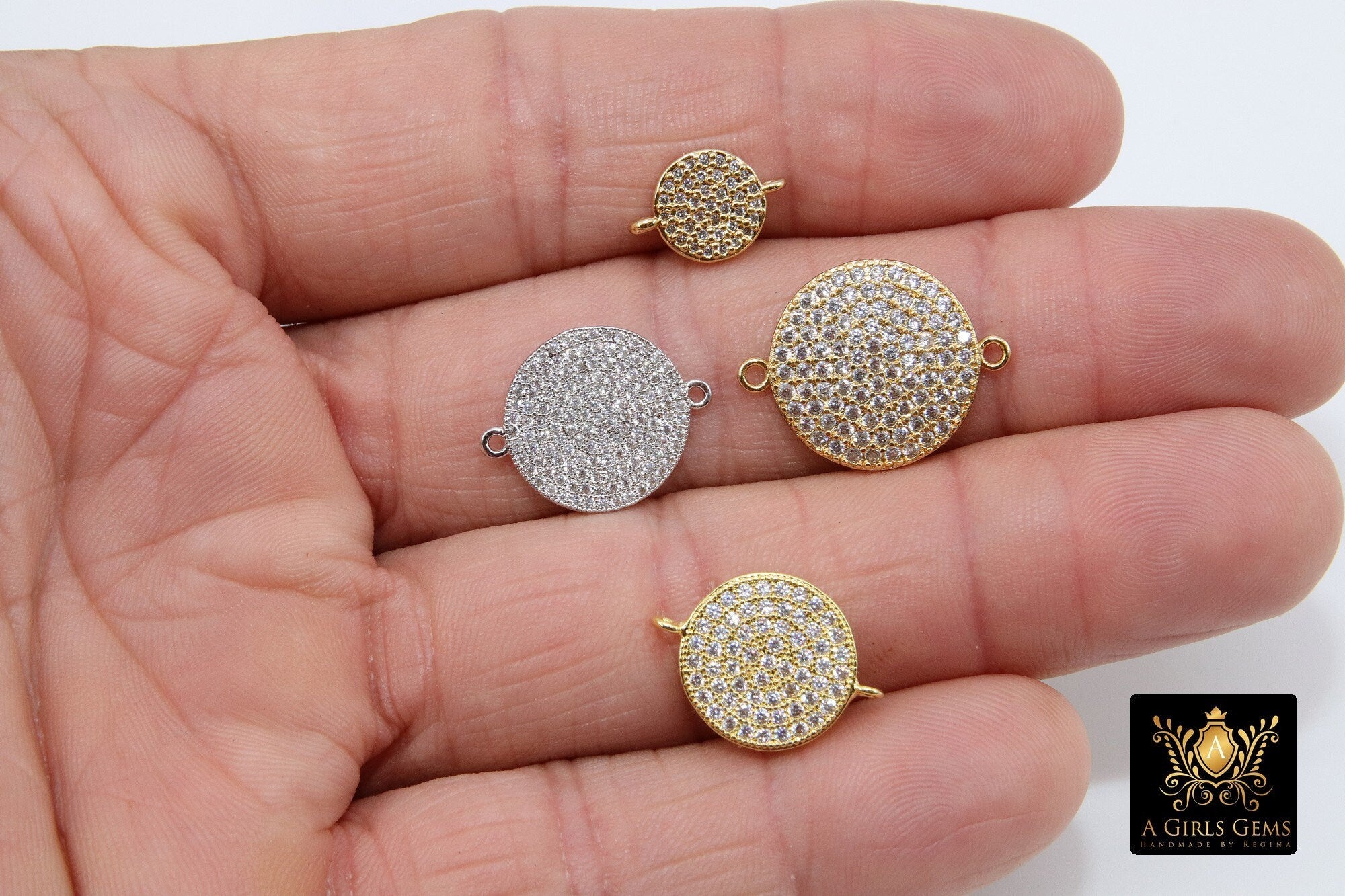 CZ Micro Pave Round Disc Connectors, CZ Gold Coin Linking Charms, 14 x 20 mm Small Disc