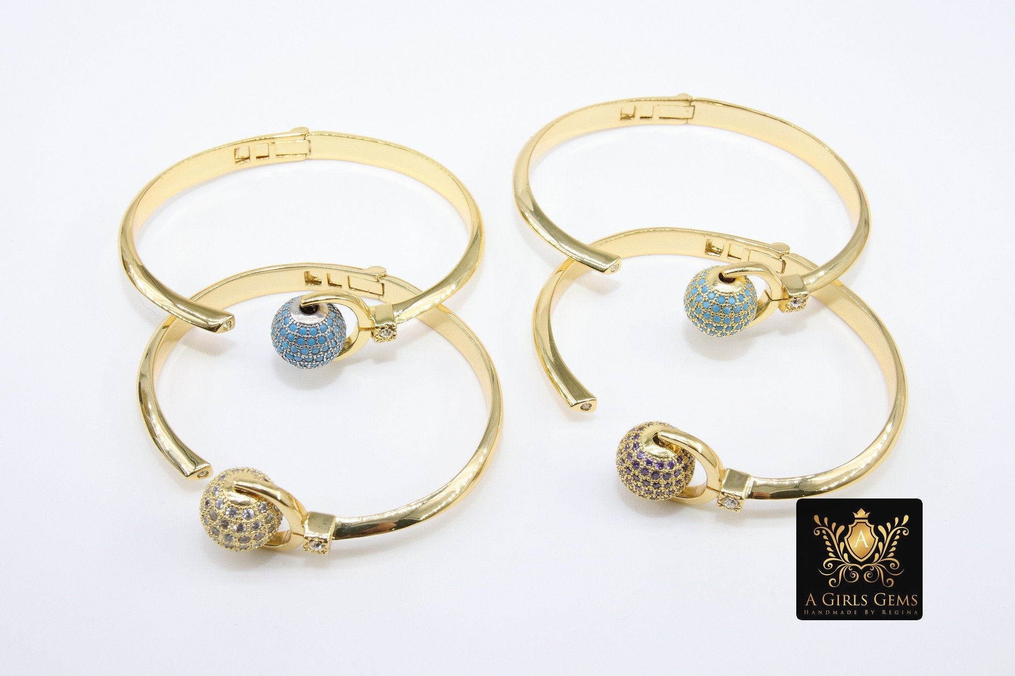 Cubic Zirconia Bracelets for Women, CZ Micro Pave Spinner Crystal Ball Gold Stacking Cuff Bangles, Blue Turquoise Open/Close Hinge One Size