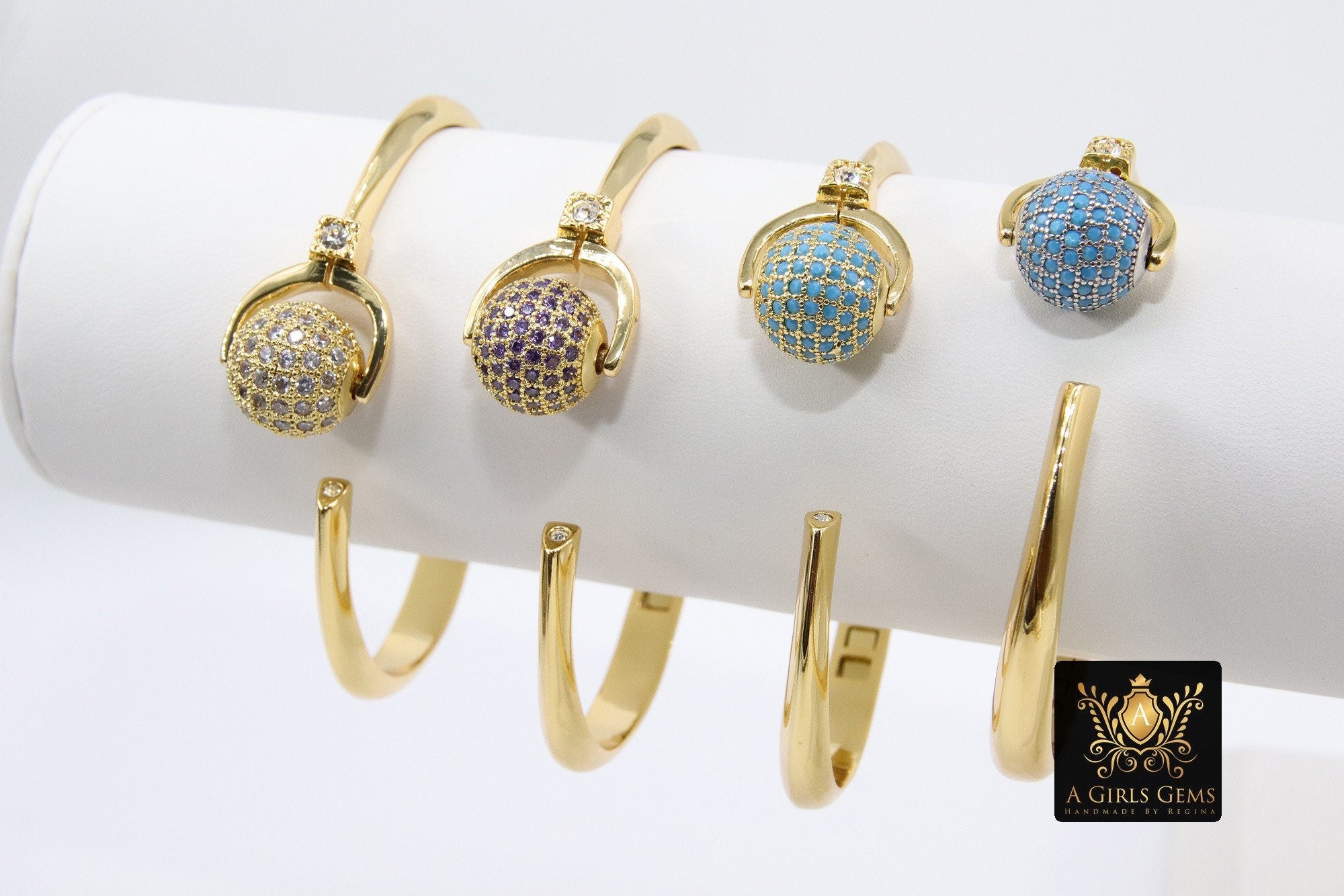 Cubic Zirconia Bracelets for Women, CZ Micro Pave Spinner Crystal Ball Gold Stacking Cuff Bangles, Blue Turquoise Open/Close Hinge One Size
