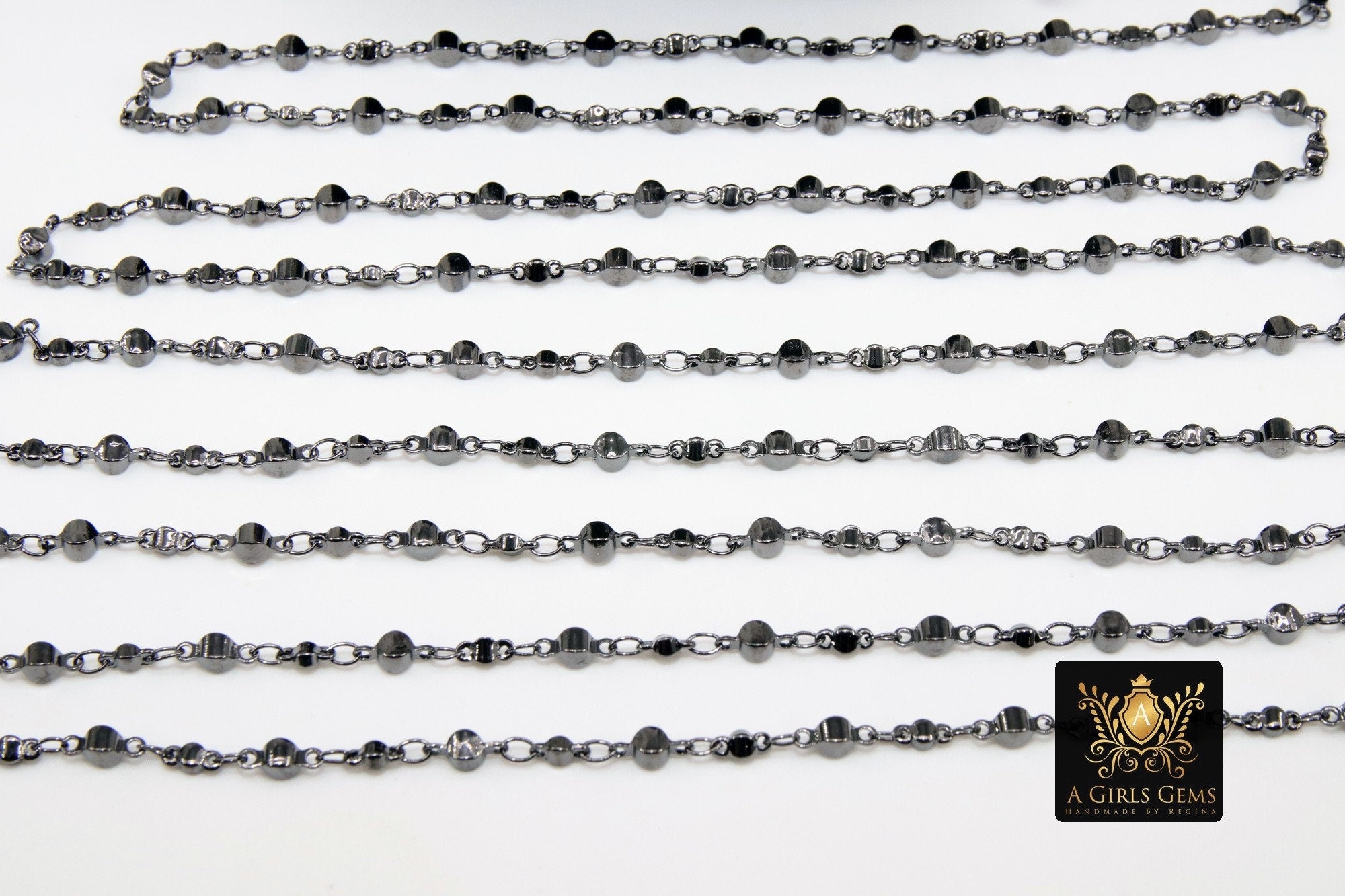 Black Beaded Rosary Chain, Religious Chain for Jewelry CH #226, Moroccan Metal Satellite Style