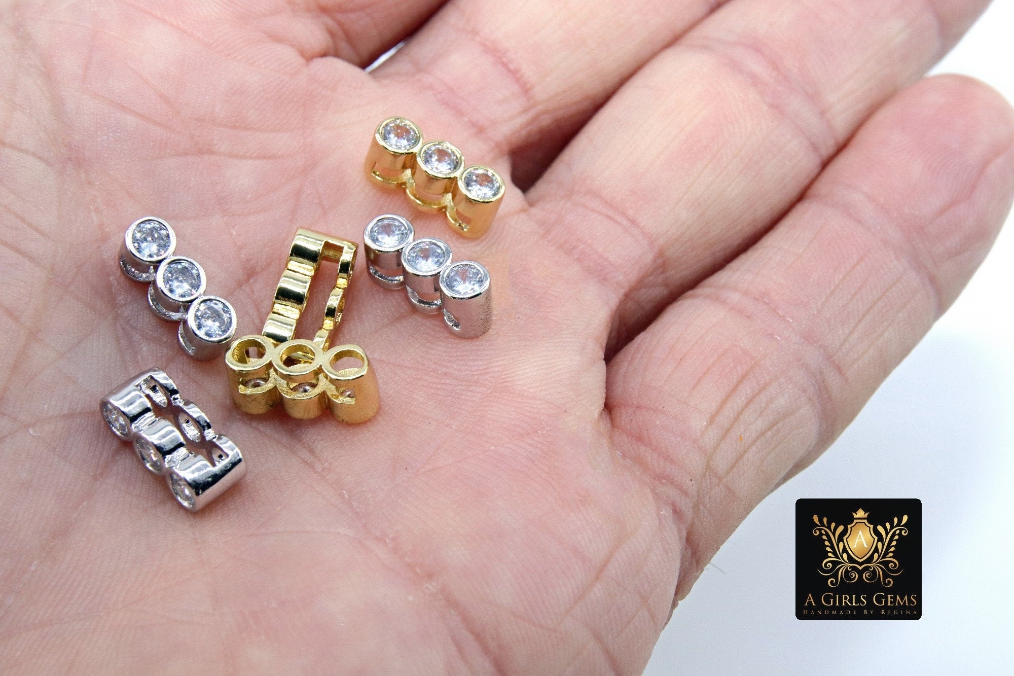 CZ Micro Pave Slider Bar Beads, Gold, Silver Charms Slide