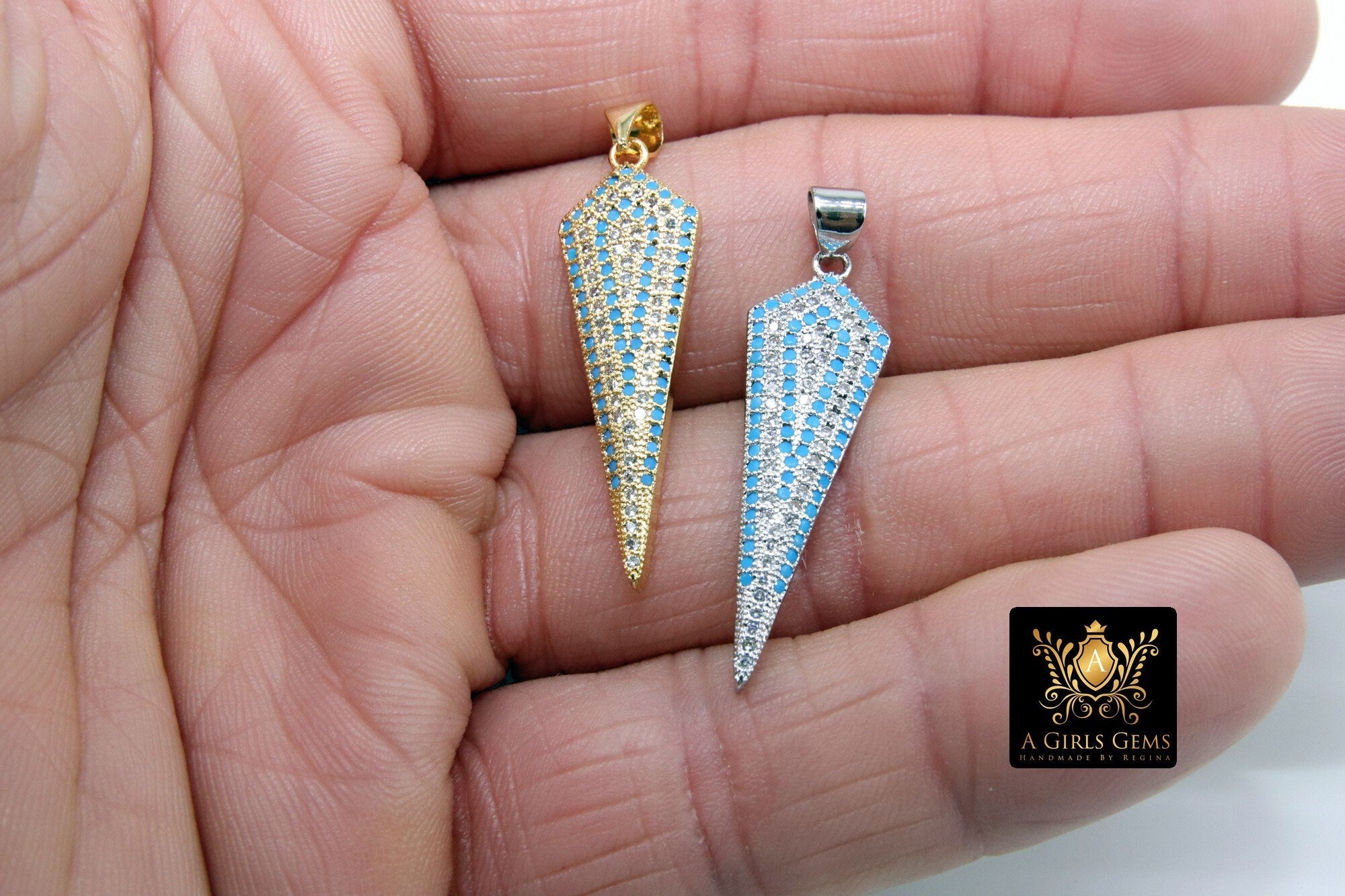 CZ Pave Arrowhead Charm, Blue Turquoise Gold, Silver Boho Triangle Arrow Spike Points #415