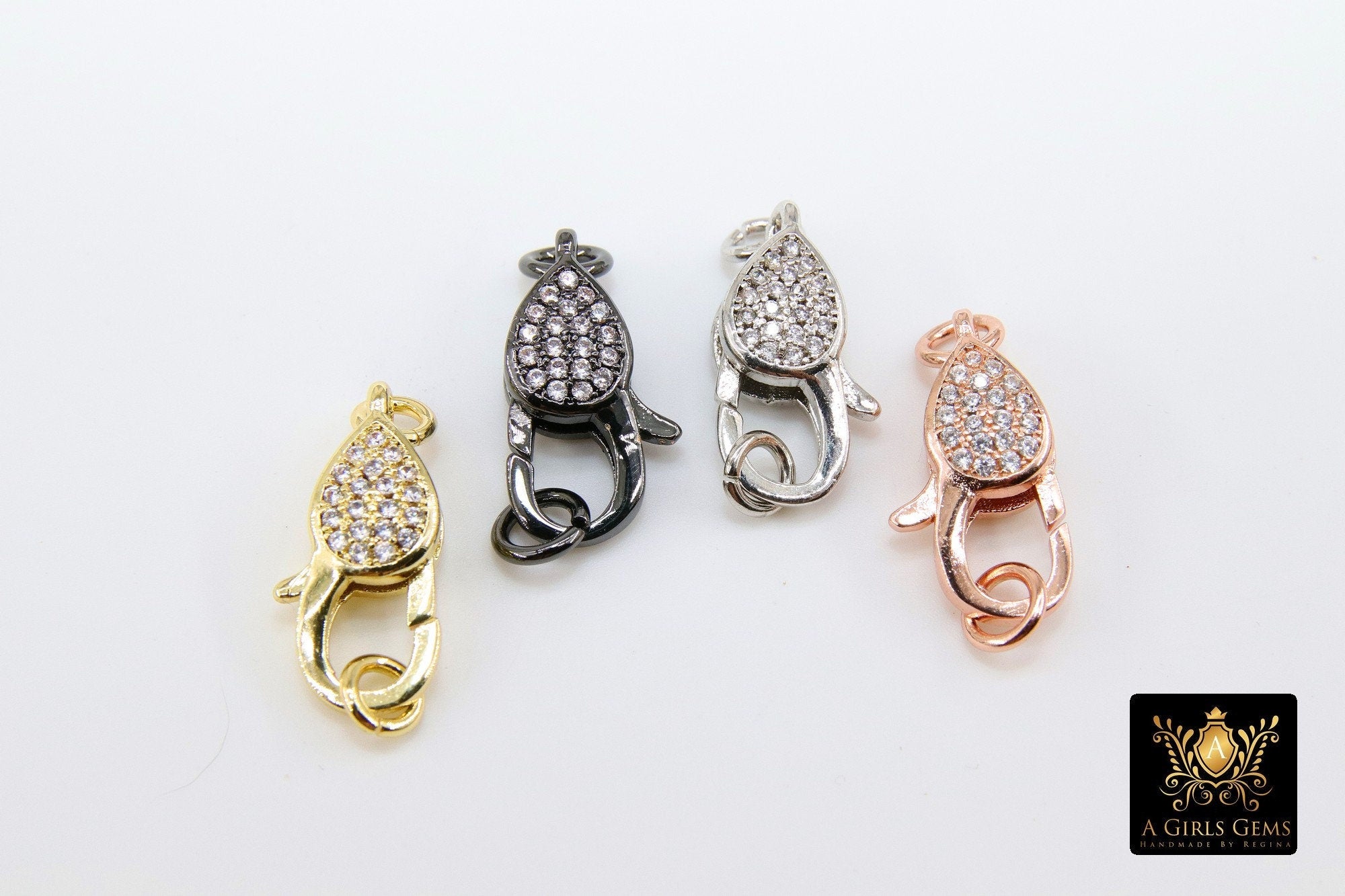 Clear CZ Pave Lobster Claw Clasp, Teardrop Pave Buckle Link Connector #140, 10 x 19 mm Gold