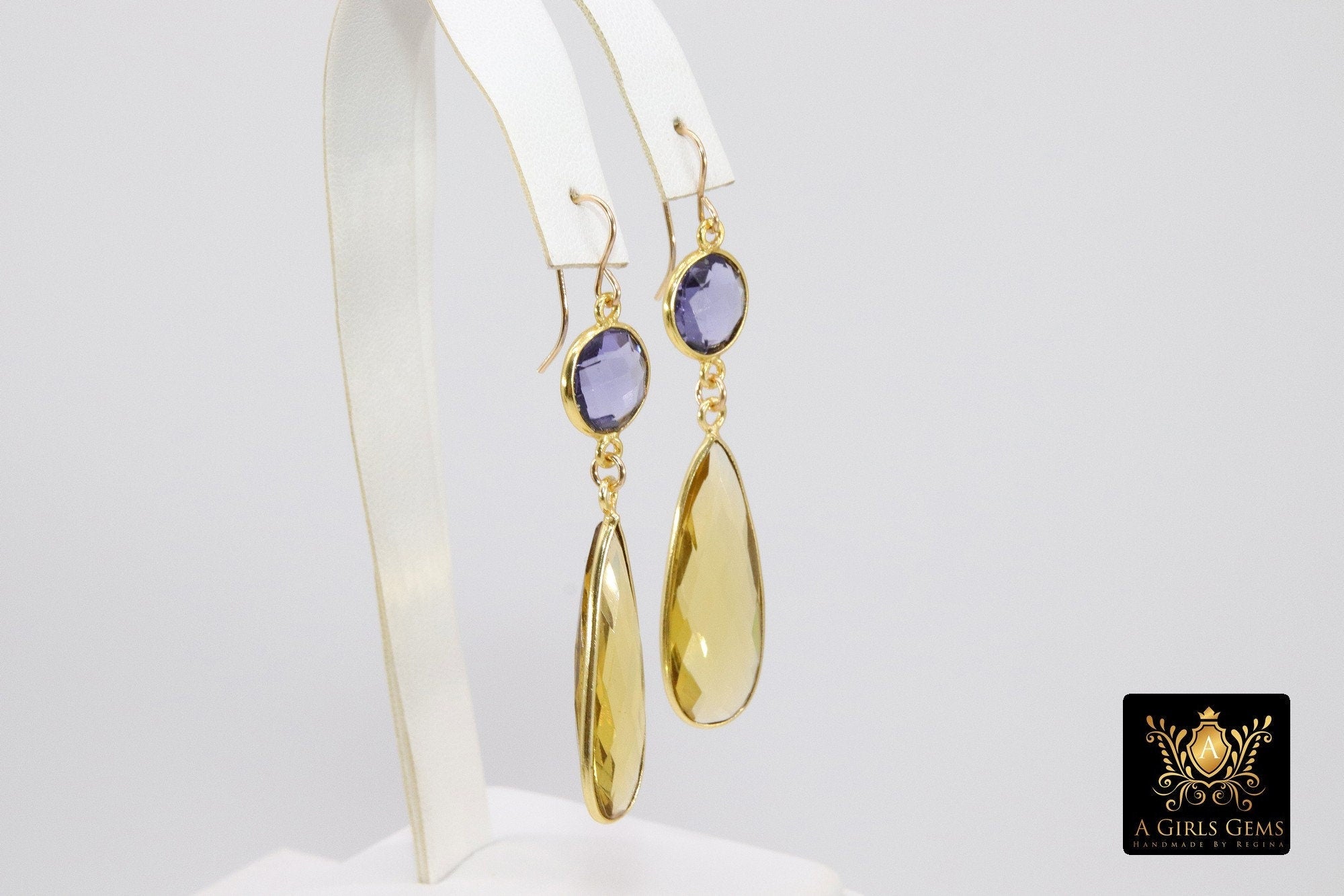 14 K Gold Amethyst Earrings, Citrine, Iolite Gemstones February Birthstone Dangle Ear Wire Hooks