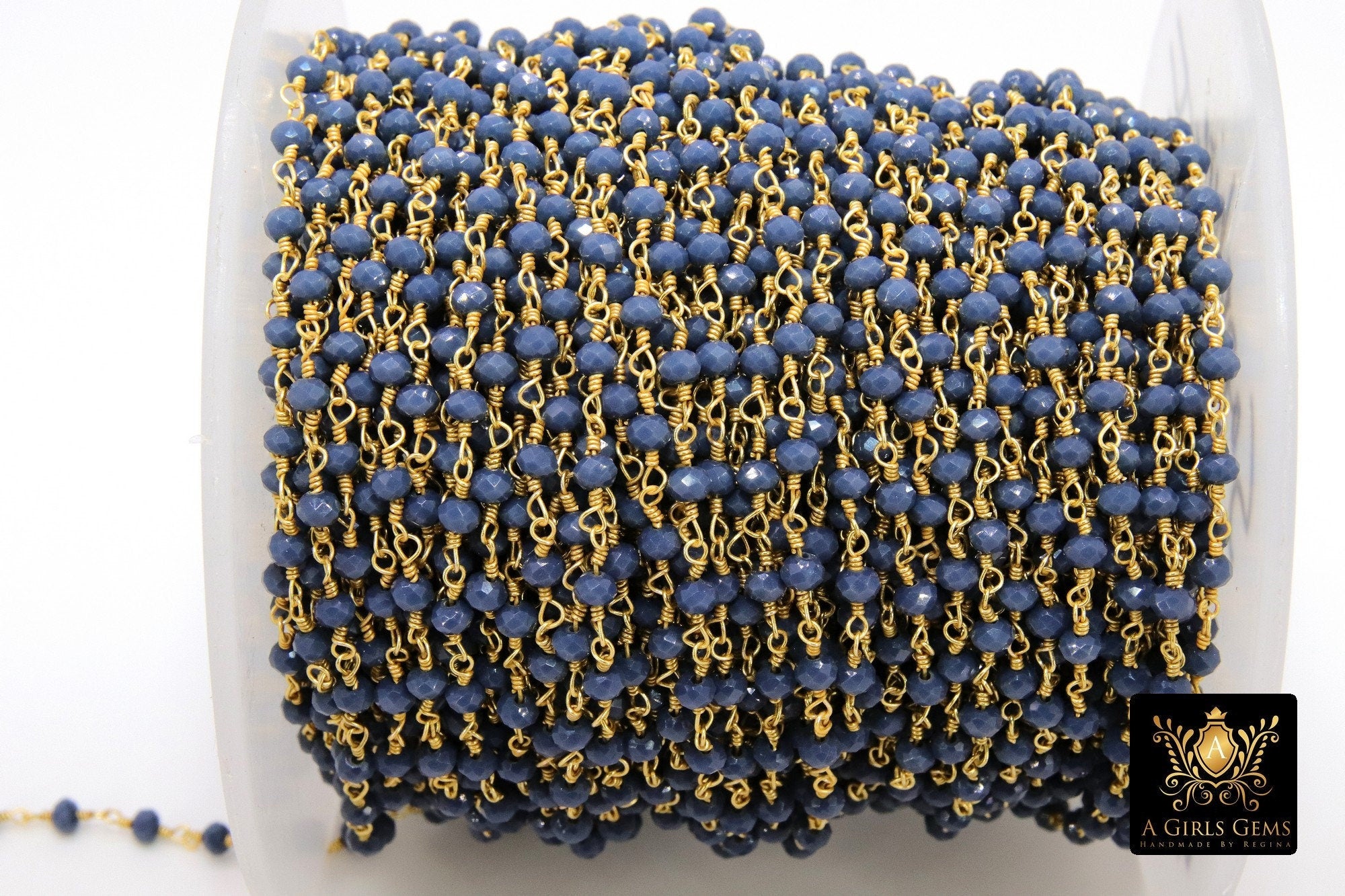 Sapphire Blue Crystal Rosary Chain, 4 mm Unfinished Navy Beaded Chain CH #425, Gold or Gunmetal Black Plated Wire Wrapped