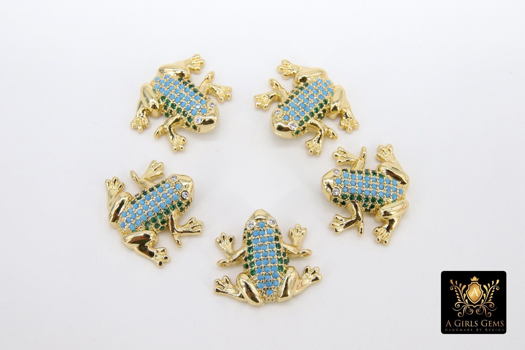 CZ Micro Pave Frog Connectors, Gold 3D Colorful Amphibian Blue Turquoise #643, Green Toad Pendant Bead