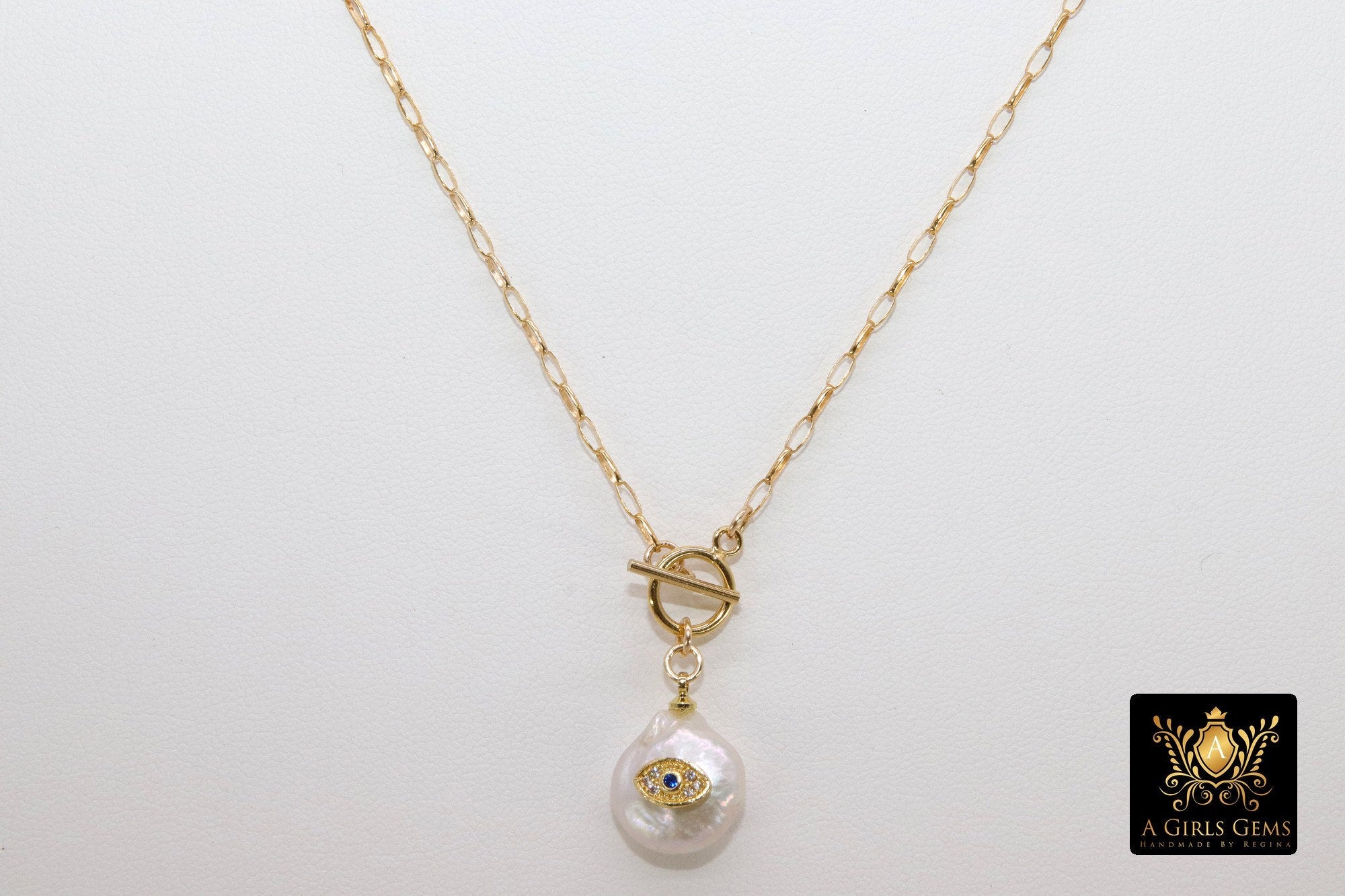 14 K Gold Pearl Cross Necklace, Toggle Front Wrap Layered Greek Evil Eye, Turkish Blue Eye Protection Choker