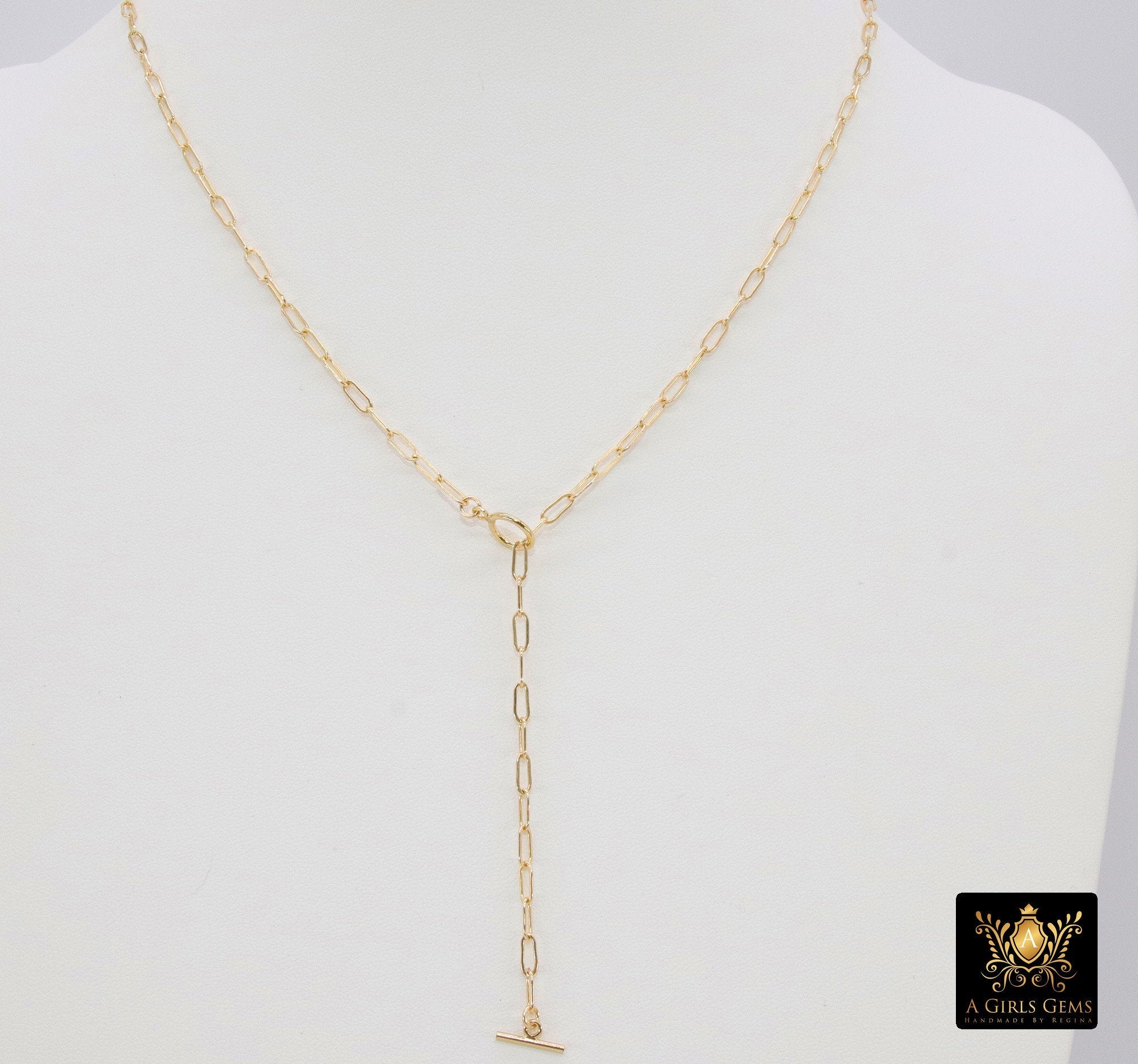 14 K Gold Toggle Double Wrap Necklace, Large Rectangle Drawn Chain with Lobster Clasp, Toggle