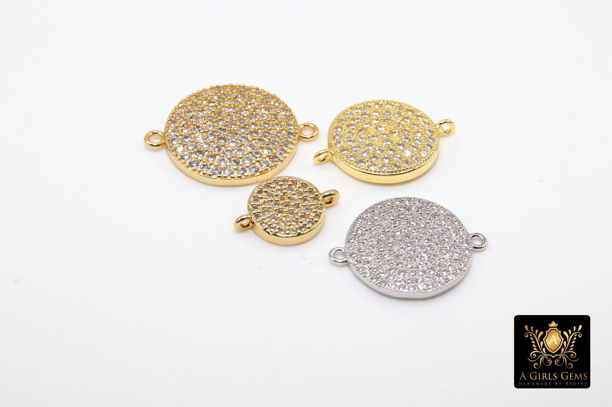 CZ Micro Pave Round Disc Connectors, CZ Gold Coin Linking Charms, 14 x 20 mm Small Disc