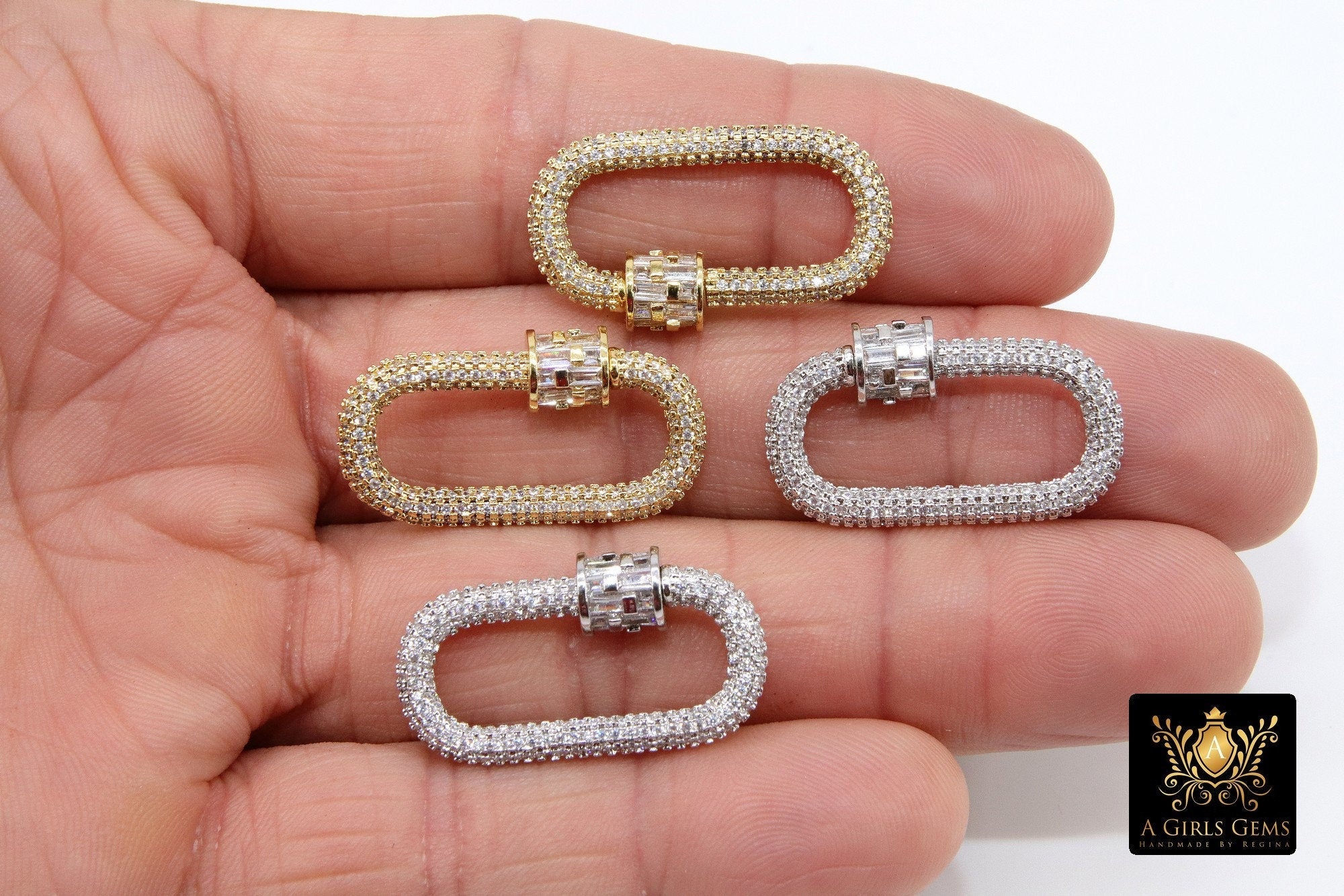 CZ Micro Pave Oval Screw Clasps, Baguettes Large Connector Claw Silver, Black