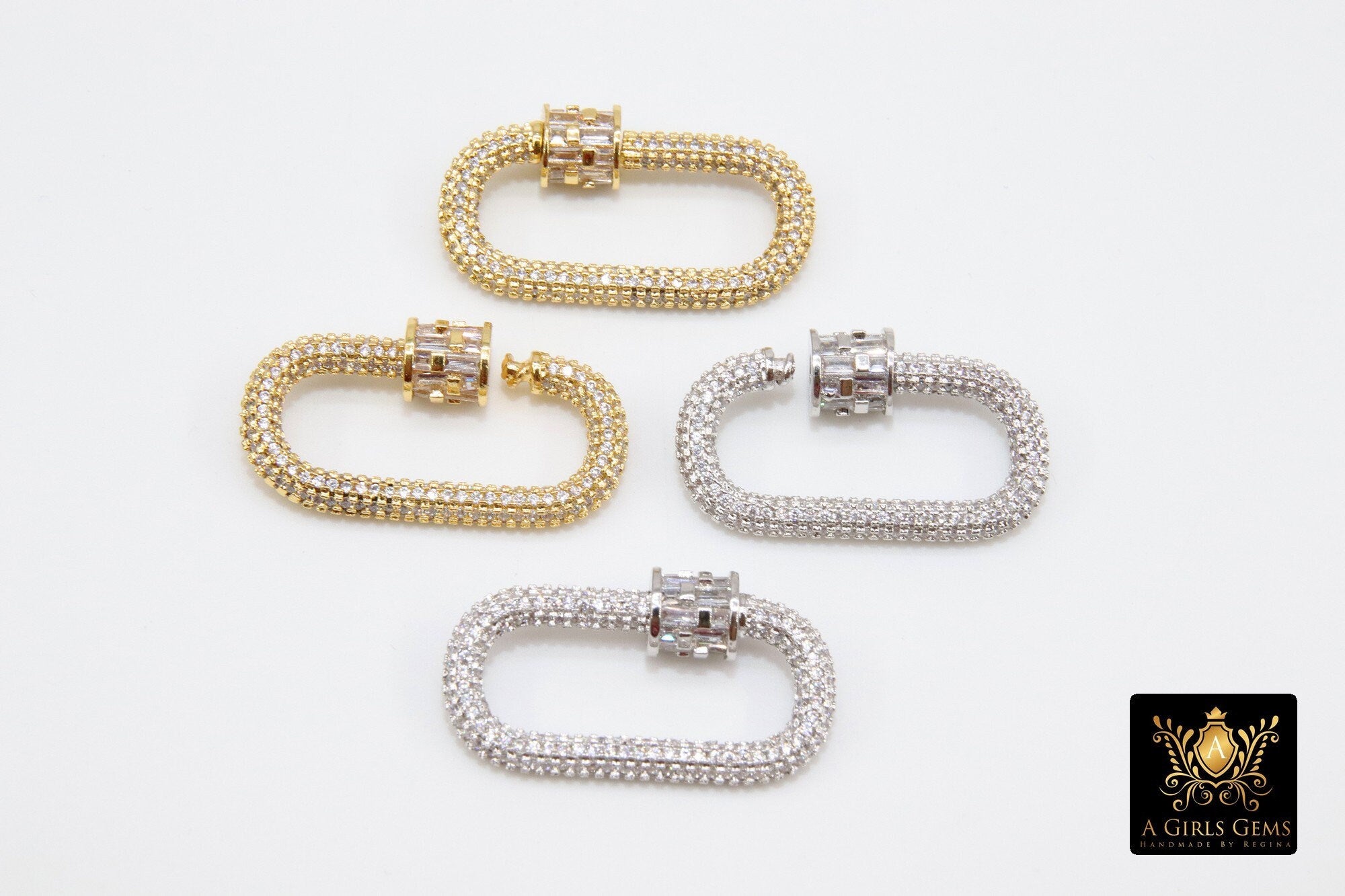 CZ Micro Pave Oval Screw Clasps, Baguettes Large Connector Claw Silver, Black