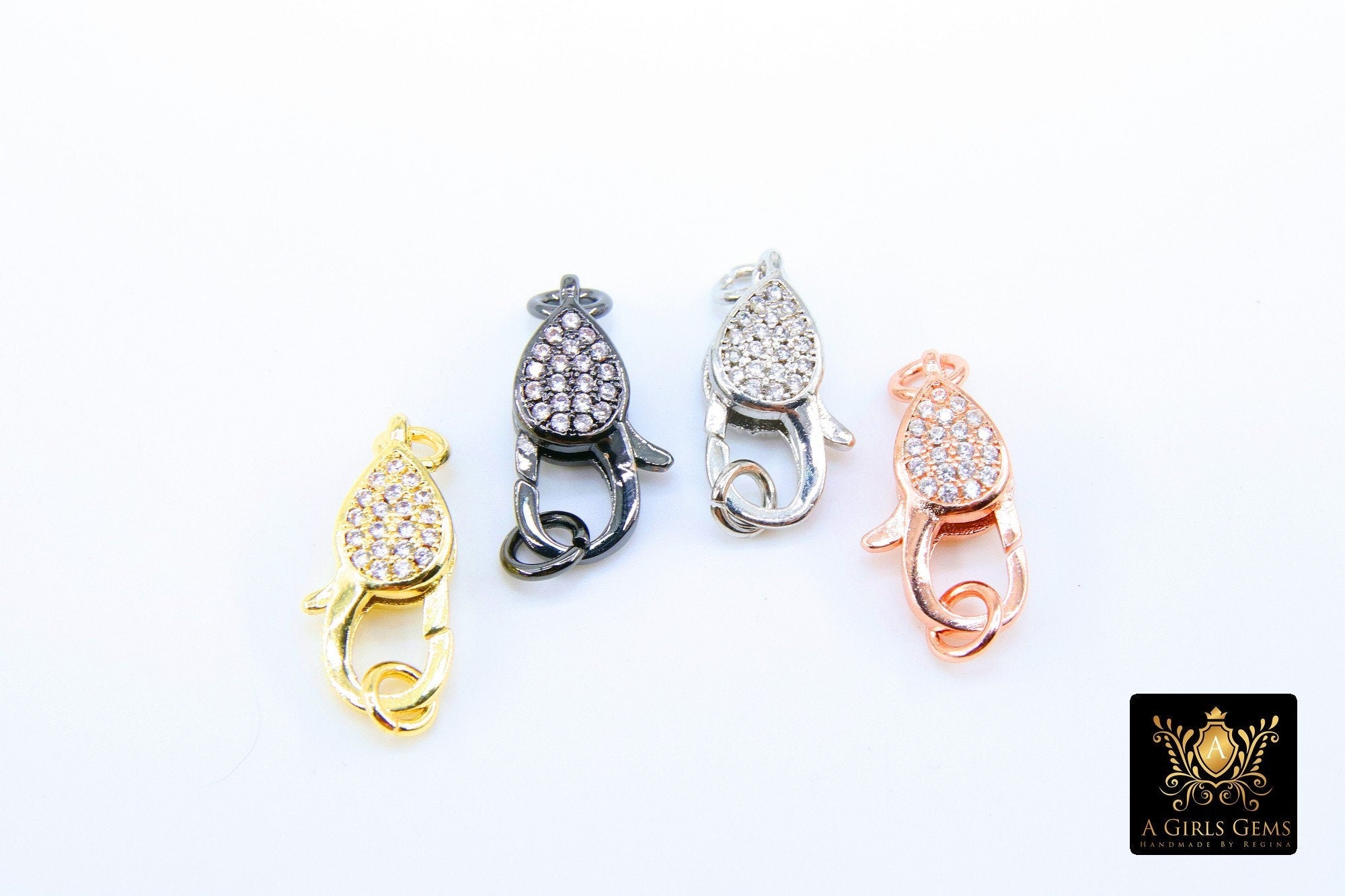 Clear CZ Pave Lobster Claw Clasp, Teardrop Pave Buckle Link Connector #140, 10 x 19 mm Gold