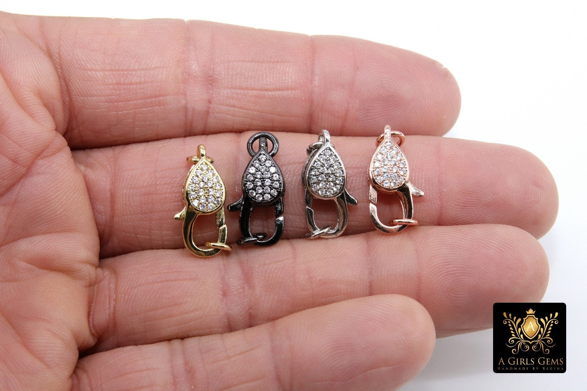 Clear CZ Pave Lobster Claw Clasp, Teardrop Pave Buckle Link Connector #140, 10 x 19 mm Gold