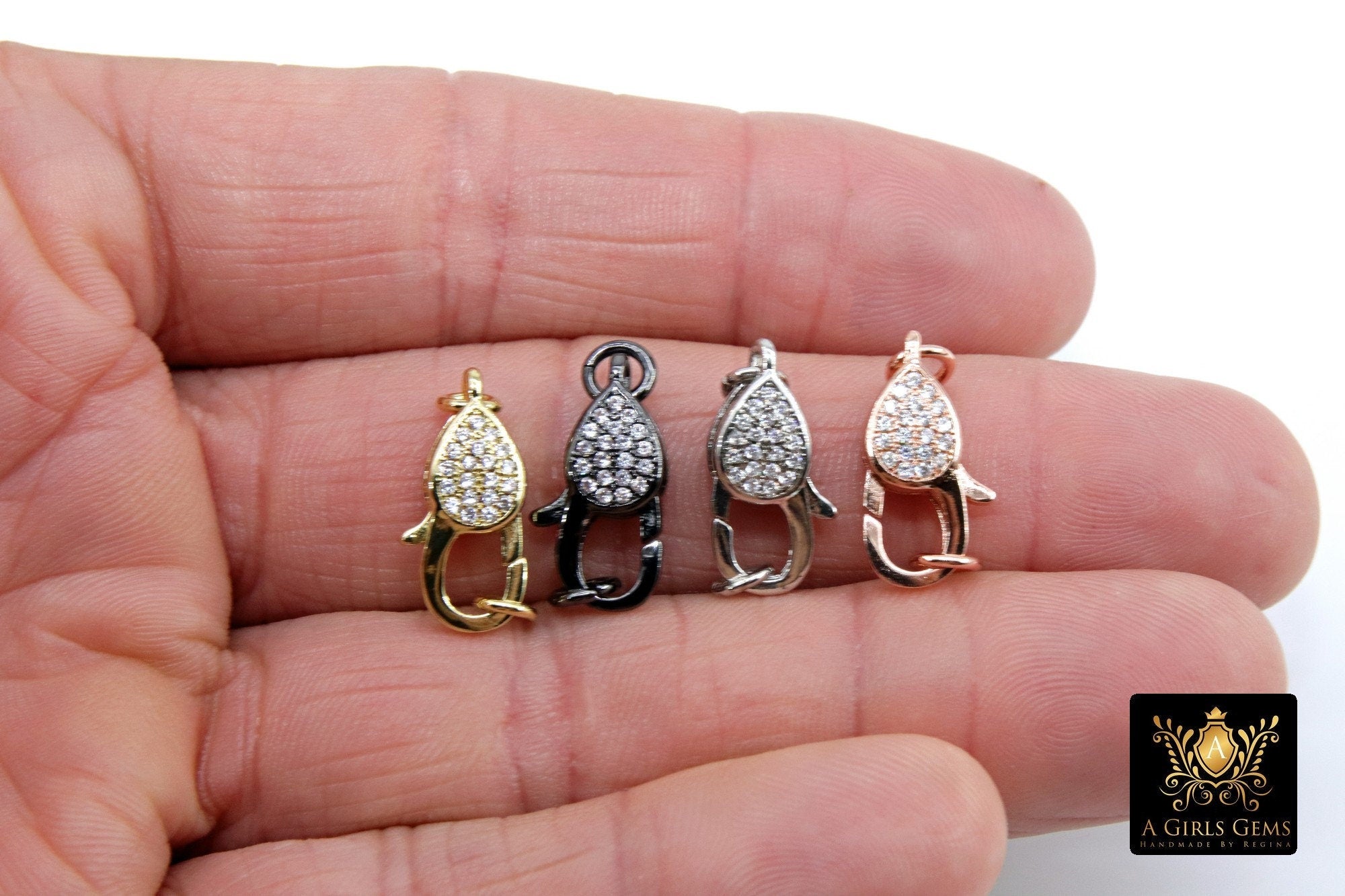 Clear CZ Pave Lobster Claw Clasp, Teardrop Pave Buckle Link Connector #140, 10 x 19 mm Gold