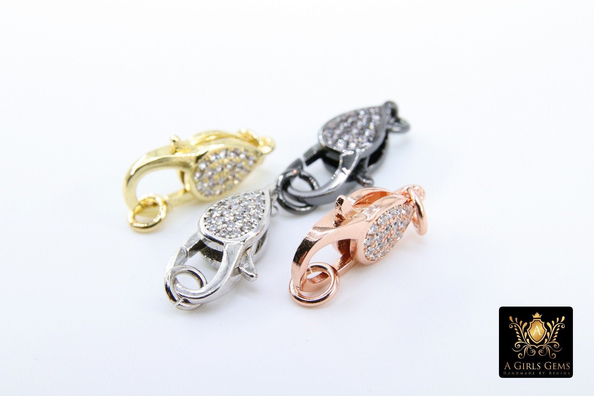 Clear CZ Pave Lobster Claw Clasp, Teardrop Pave Buckle Link Connector #140, 10 x 19 mm Gold