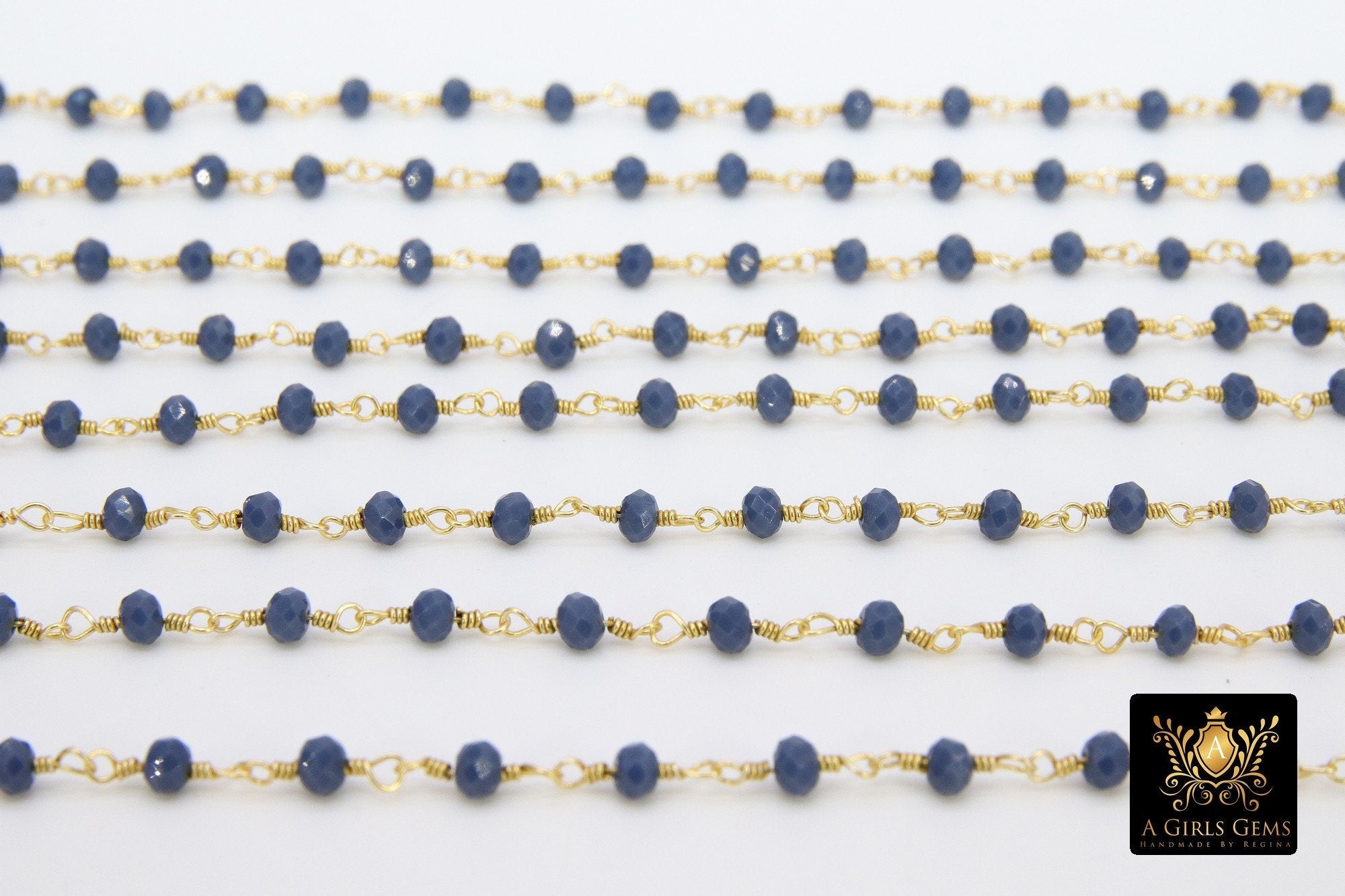 Sapphire Blue Crystal Rosary Chain, 4 mm Unfinished Navy Beaded Chain CH #425, Gold or Gunmetal Black Plated Wire Wrapped