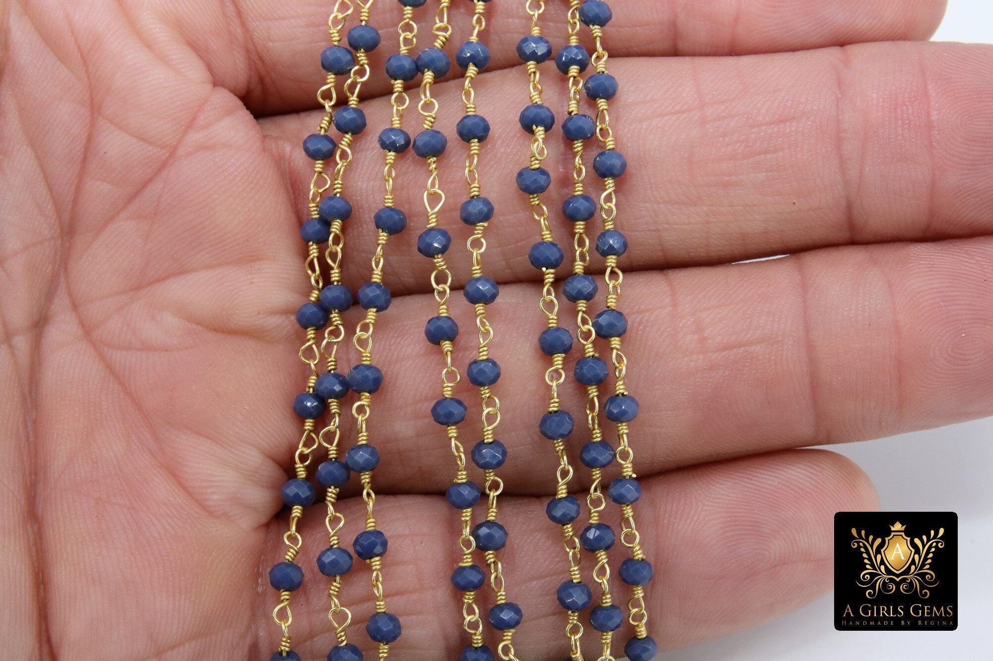 22 k Gold Plated Sapphire Blue Crystal Rosary Chain CH #425, 4 mm Unfinished Bead Wire Wrapped Chains