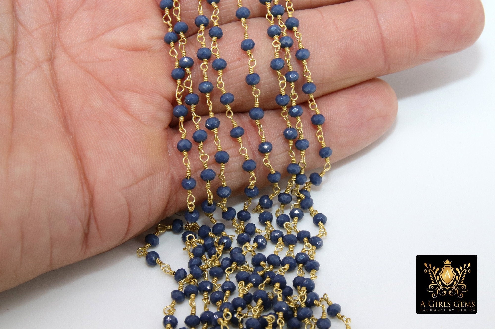 22 k Gold Plated Sapphire Blue Crystal Rosary Chain CH #425, 4 mm Unfinished Bead Wire Wrapped Chains