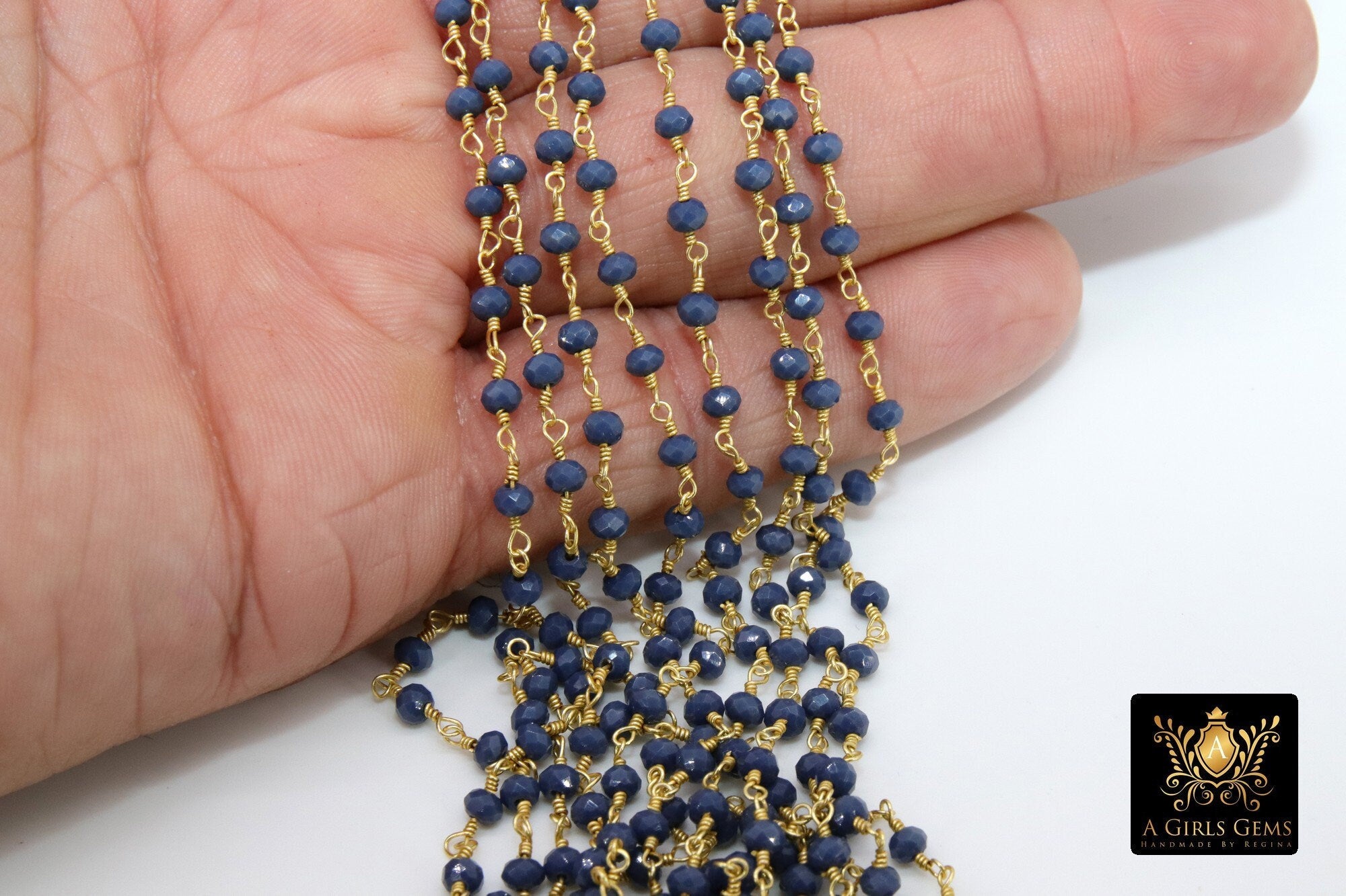 Sapphire Blue Crystal Rosary Chain, 4 mm Unfinished Navy Beaded Chain CH #425, Gold or Gunmetal Black Plated Wire Wrapped