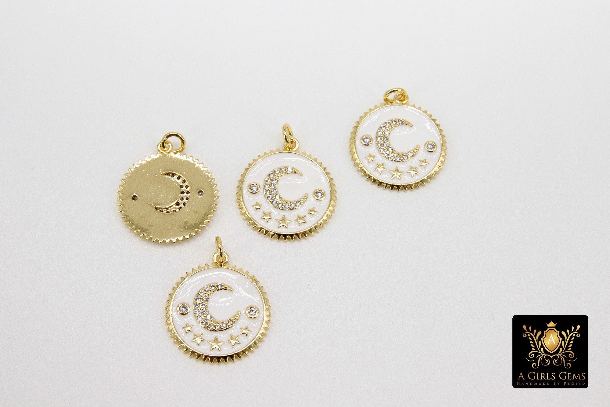 CZ Moon and Stars Charms, White and Gold Pave Round Disc #322, Multi Color Cubic Zirconia for Bracelet or Necklace Jewelry