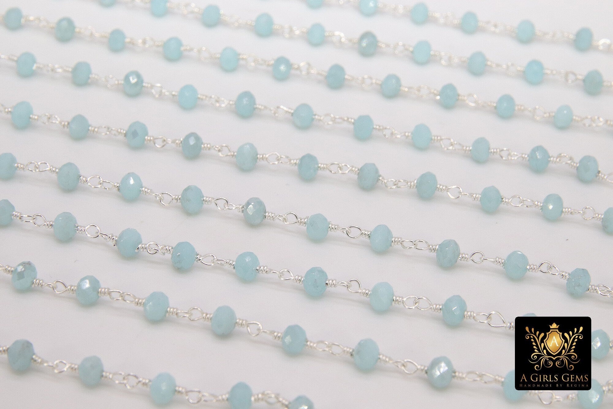Seafoam Blue Amazonite Crystal Beaded Rosary Chain CH #437, 4 mm Silver Plated Wire Wrapped Glass Unfinished
