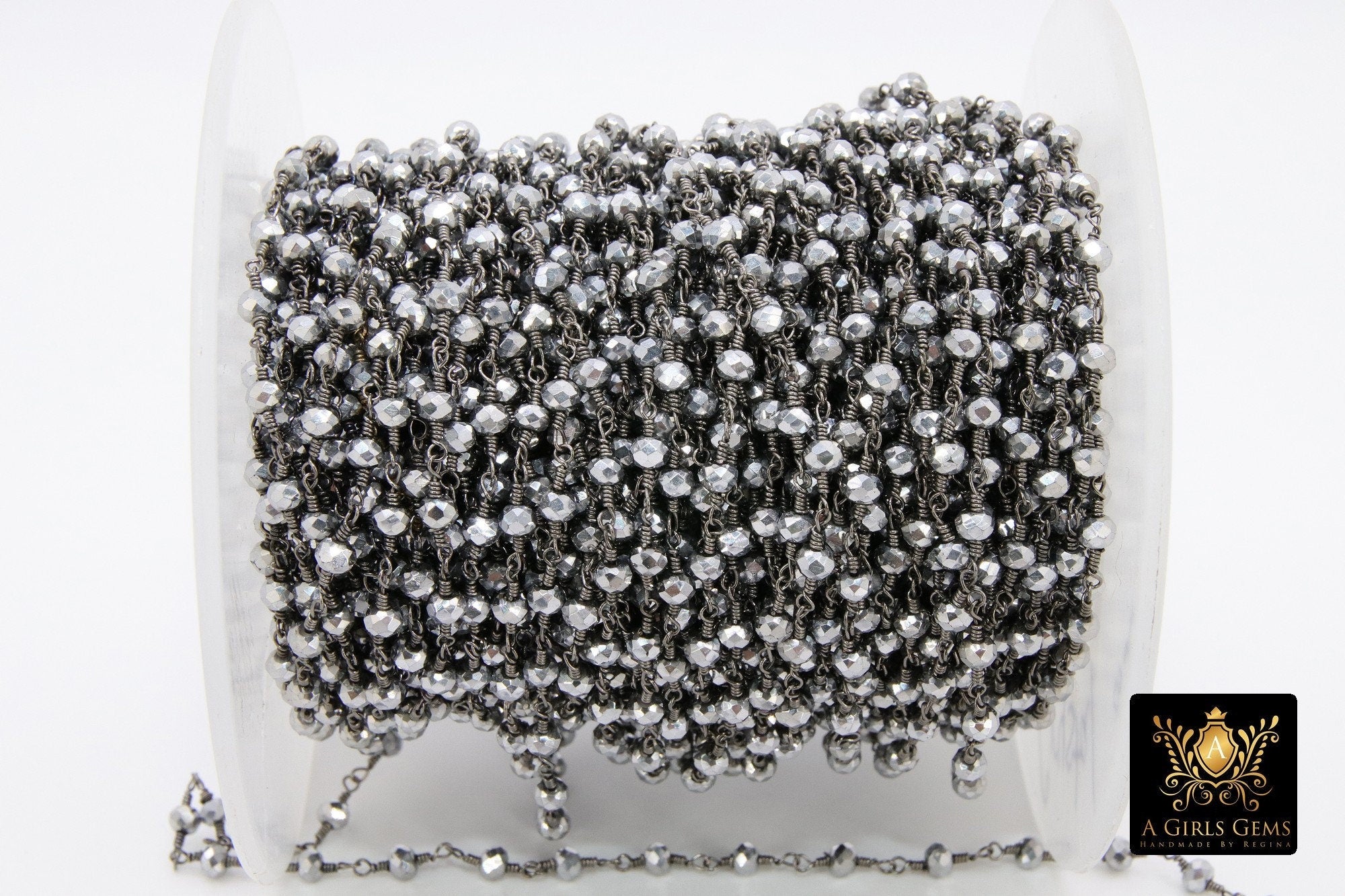 Gunmetal Black Crystal Rosary Chain, 4 mm Wire Wrapped CH #533, Mirror Beaded Silver Unfinished Jewelry Chains