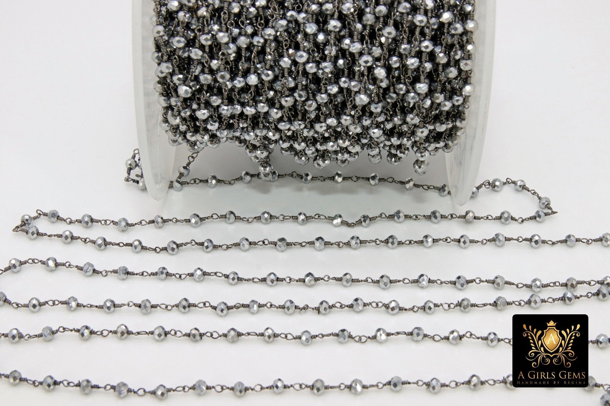 Gunmetal Black Crystal Rosary Chain, 4 mm Wire Wrapped CH #533, Mirror Beaded Silver Unfinished Jewelry Chains