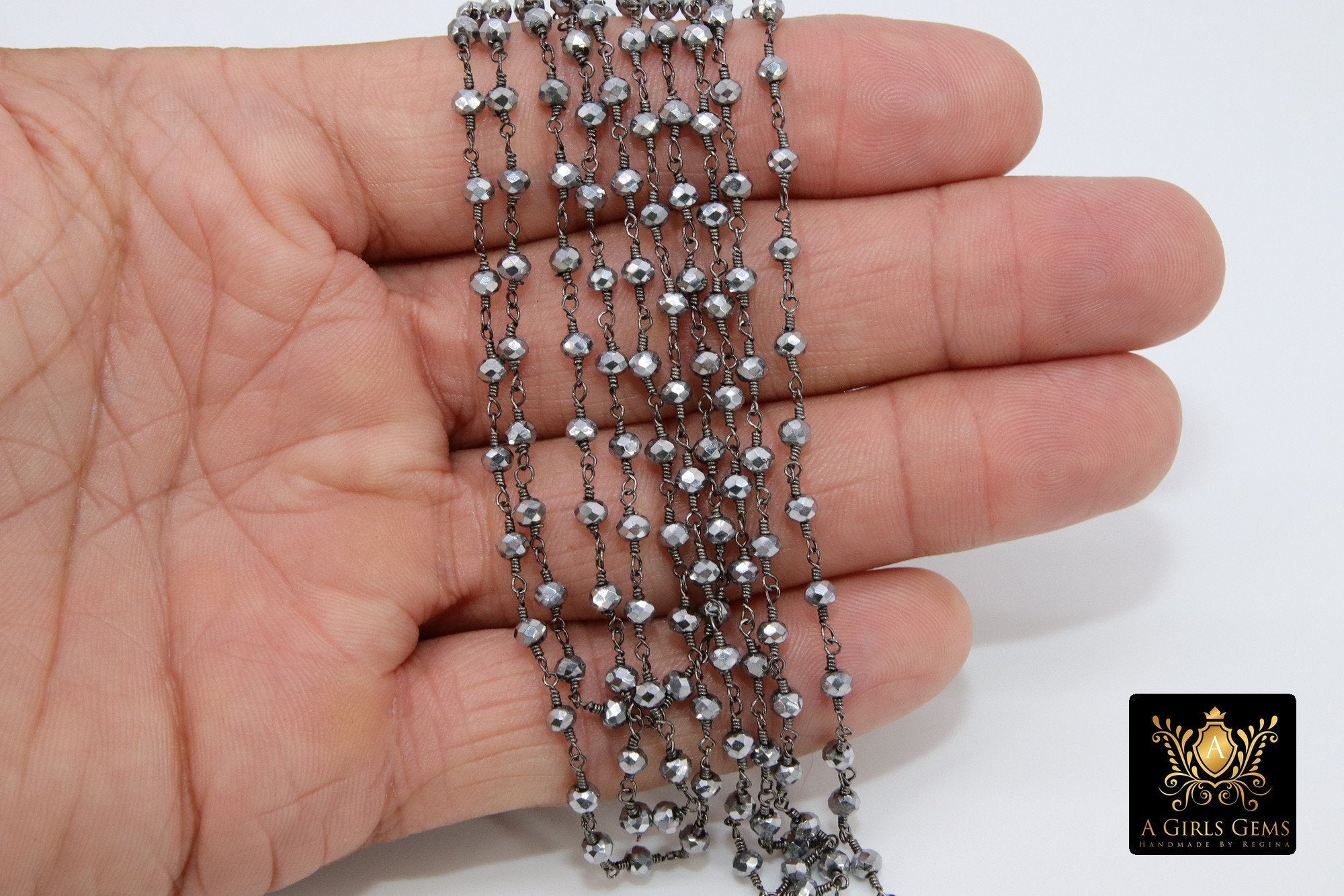 Gunmetal Black Crystal Rosary Chain, 4 mm Wire Wrapped CH #533, Mirror Beaded Silver Unfinished Jewelry Chains