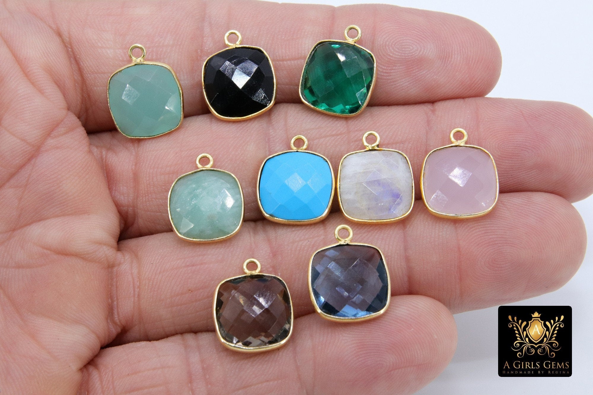 Square Gemstone Charms, 12 mm Gold Gemstone Charms #2994, Sterling Silver Gold Plated Birthstone Pendants