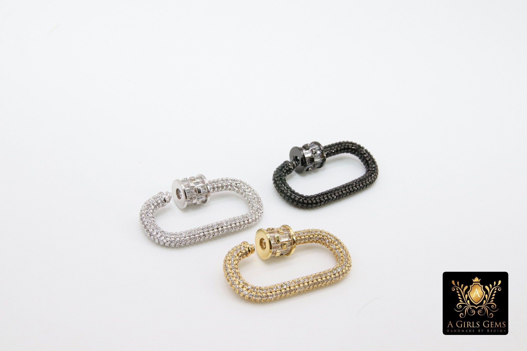 CZ Micro Pave Oval Screw Clasps, Baguettes Large Connector Claw Silver, Black