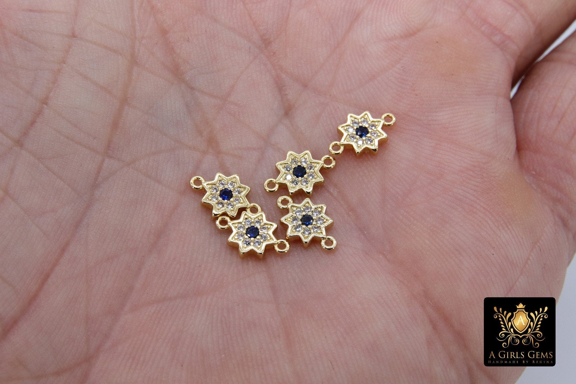 Starburst Connector Links, 2 Pcs CZ Pave Bead with Sapphire Blue CZ, Moon